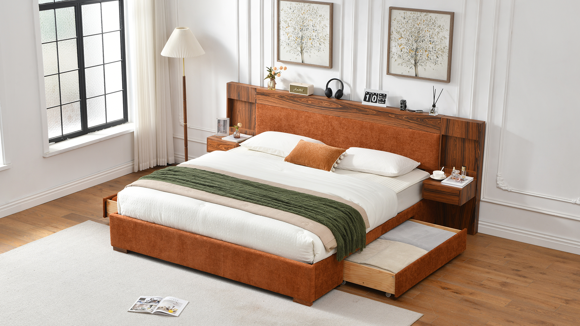 thumbnail video image 2 of King Size Bed Frame with Storage Drawers & Built-in Nightstands, Wood Bed Frame with Linen Upholstered Headboard, No Box Spring Needed, Ocher, 2 of 10