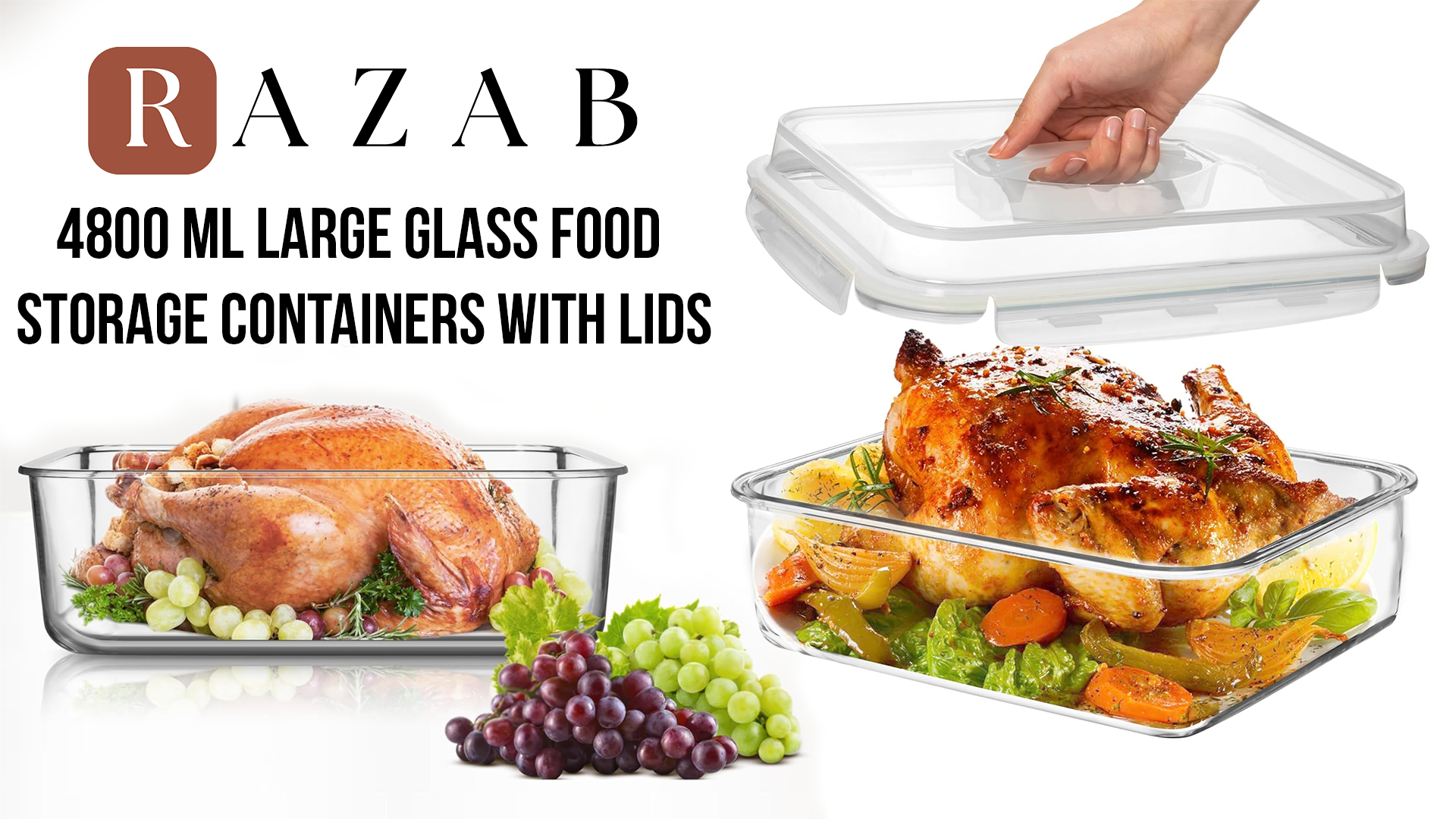 thumbnail video image 2 of Razab 4800mL Large Glass Food Storage Container with Airtight Lid, BPA Free Meal Prep Containers, Baking, Roasting and Leftovers, 2 of 8