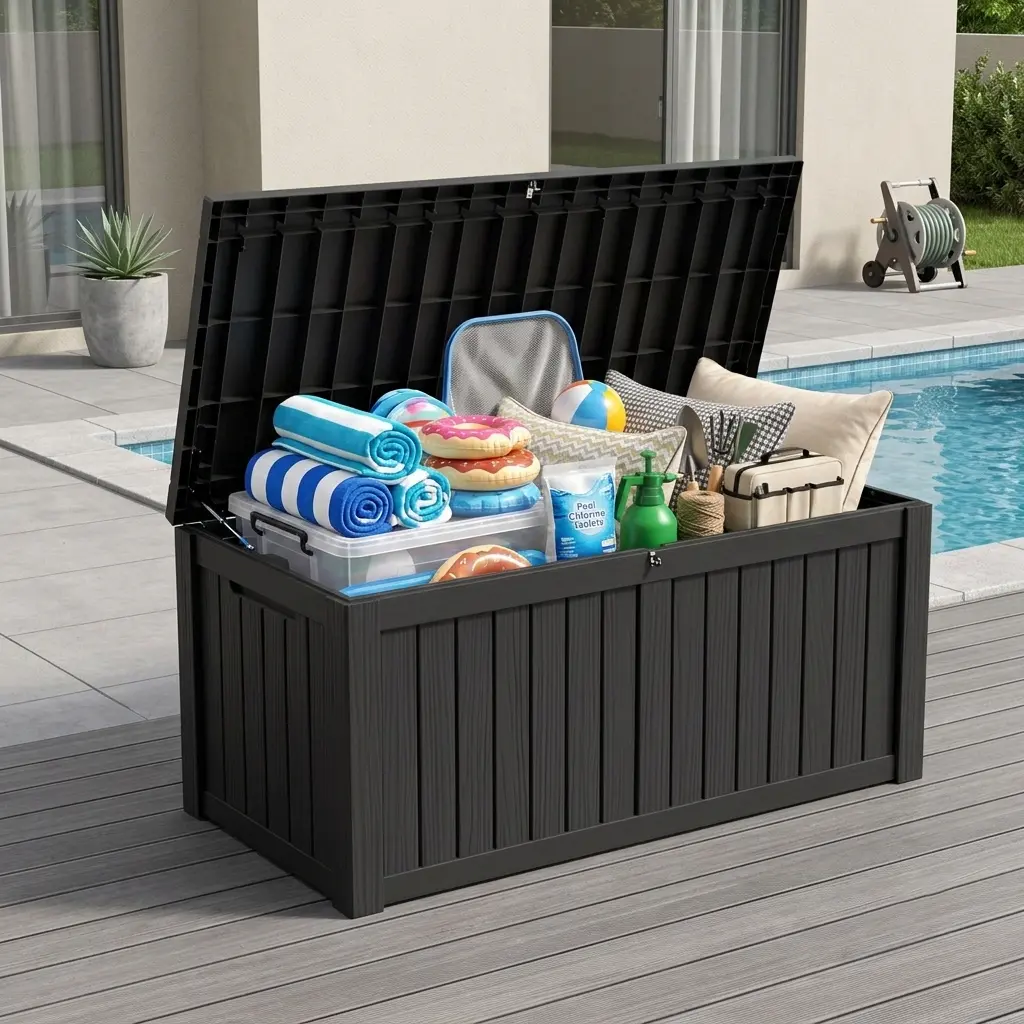 thumbnail video image 2 of Decksplore 150 Gallon Resin Deck Box, Heavy-Duty All-Weather Storage Bench, Soft-Close Lockable Bin for Patio Cushions, Pool Toys, Firewood (Black), 2 of 11