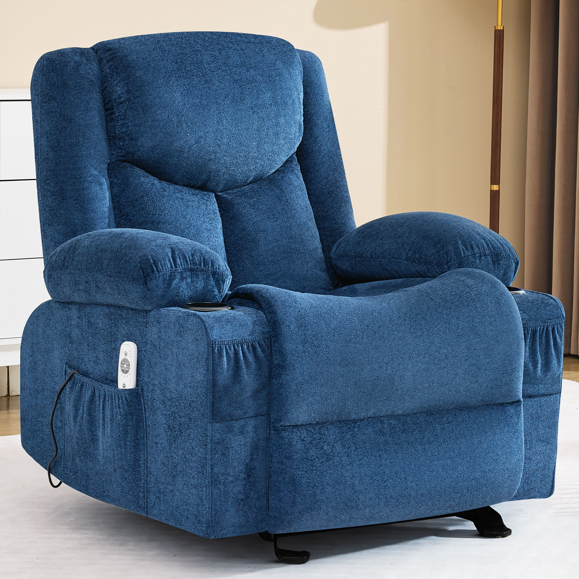 thumbnail video image 2 of JONPONY Manual Recliner Chair with Heat Therapy and Massage Function, Heavy Duty Reclining Mechanism Massage Chair, Elderly Single Rocker Sofa with Cup Holders for Bedroom Home Theater，Blue, 2 of 11