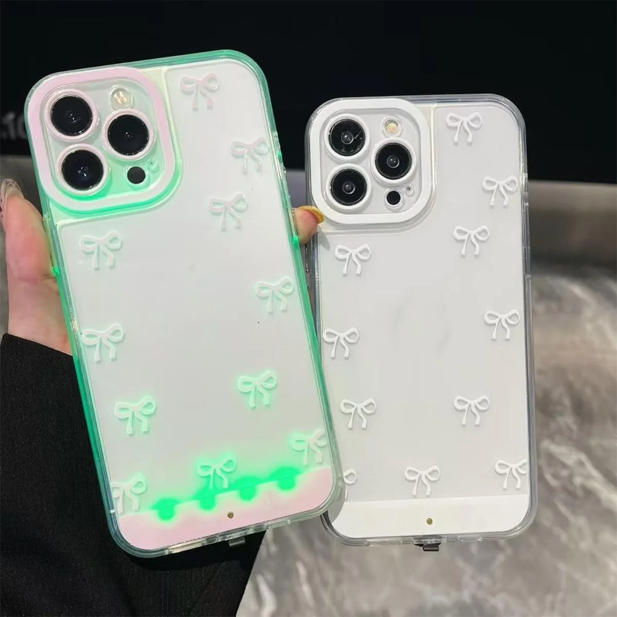 thumbnail video image 2 of Vibrant Led Bowknot Phone Case,Light-Up Phone Case for Incoming Calls, Slim Clear Aesthetic Phone Cover,for IPhone 16/15/14/13/12/11 Plus Pro Max, 2 of 8