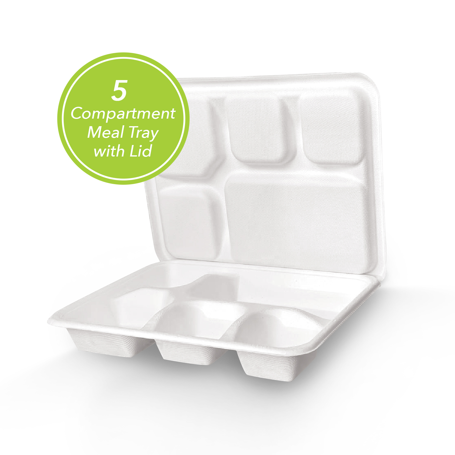 thumbnail video image 2 of Three Leaf 5 Compartment Meal Tray with Lid Set 50 Sets Heavy-Duty Super Strong White Eco-Friendly Disposable Meal Trays for Catering, Events, and Takeout, 2 of 7