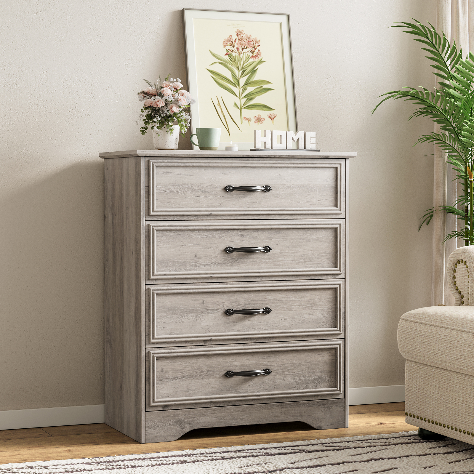 thumbnail video image 2 of HolliWill 4 Drawer Dressers for Bedroom, Modern Wood Chest of Drawers Storage Cabinet for Living Room, Hallway, Gray, 2 of 10