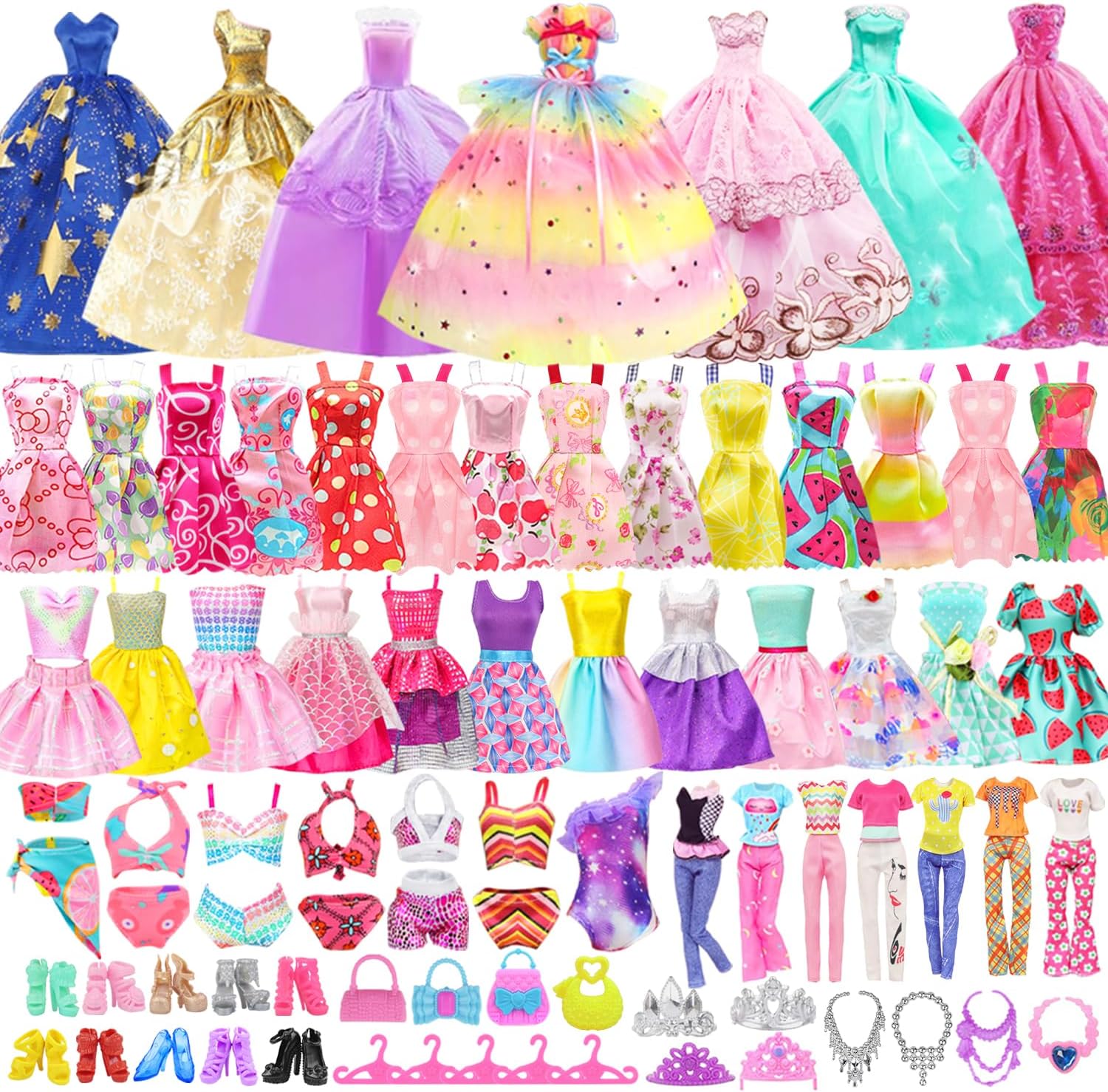 thumbnail video image 2 of ECORELF 100 Pcs Doll Clothes and Accessories Set for 11.5 Inch Doll -Complete Wardrobe Set for Girls, 2 of 9