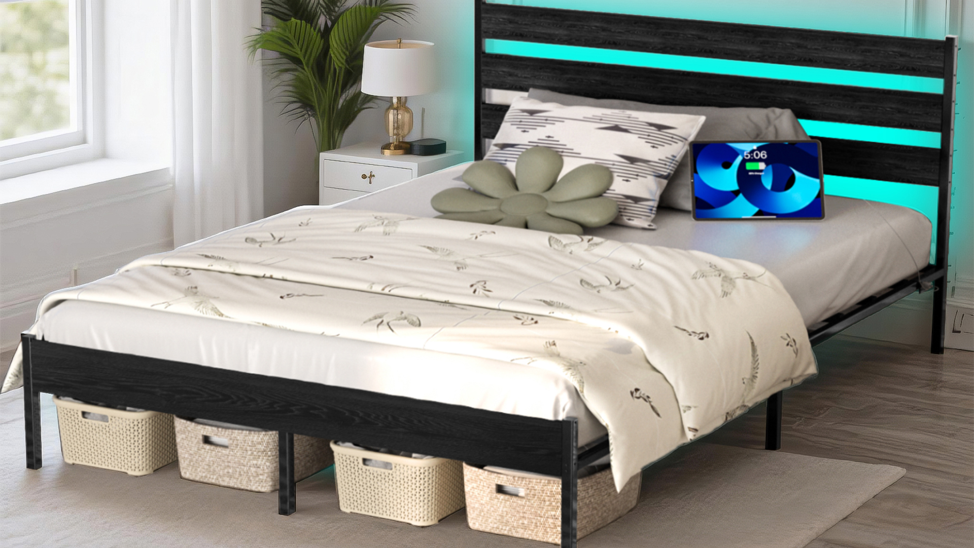 thumbnail video image 2 of King Size Bed Frame with Headboard - Heavy Duty, Noise-Free, LED & USB Charging Station, Under Bed Storage, Noise-Free, No Box Spring Needed, Brown, 2 of 5