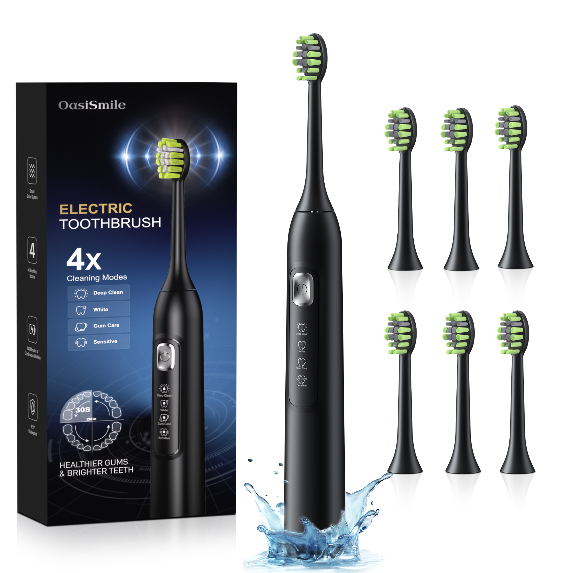 thumbnail video image 2 of OasiSmile Sonic Electric Toothbrush for Adults, Rechargeable Travel Tooth Brush with 6 Brush Heads, 42000 VPM Deep Clean 4 Modes 120-Day Battery, Black, 2 of 9