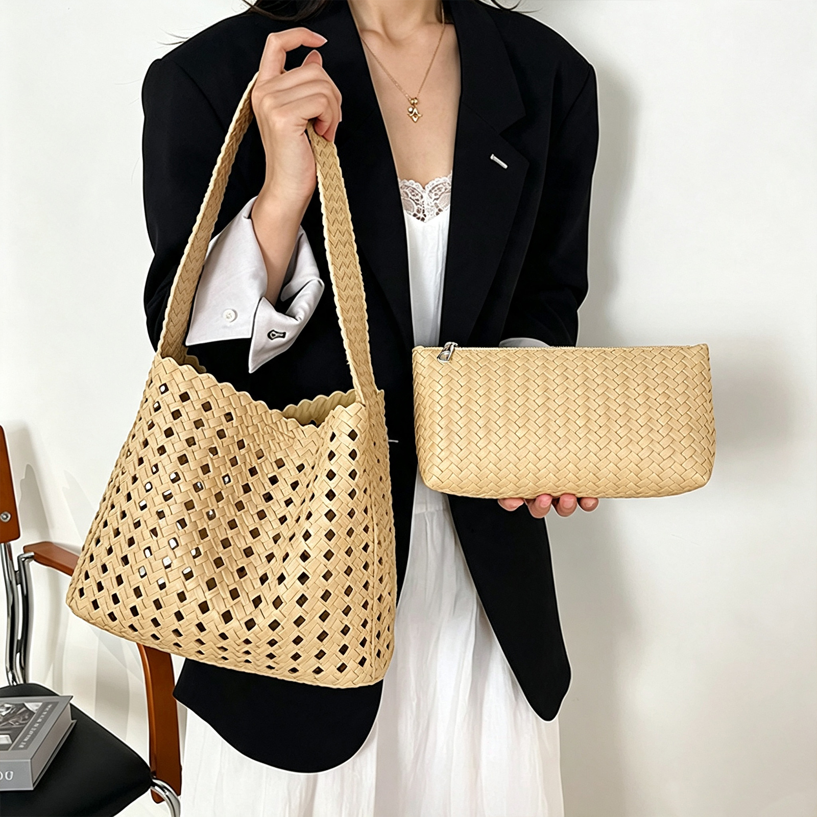 thumbnail video image 2 of WeaveCC Woven PU Tote Bag Set Large Capacity Shoulder Handbag with Cosmetic Pouch, 2 of 8