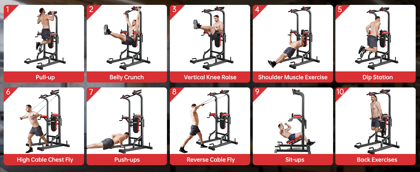 thumbnail video image 2 of LNOW Multifunction Power Tower with Rock Climbing Grip and Incline Bench Adjustable Dip Station Pull up Bar for Home Gym Strength Training Workout 480lbs, 2 of 13