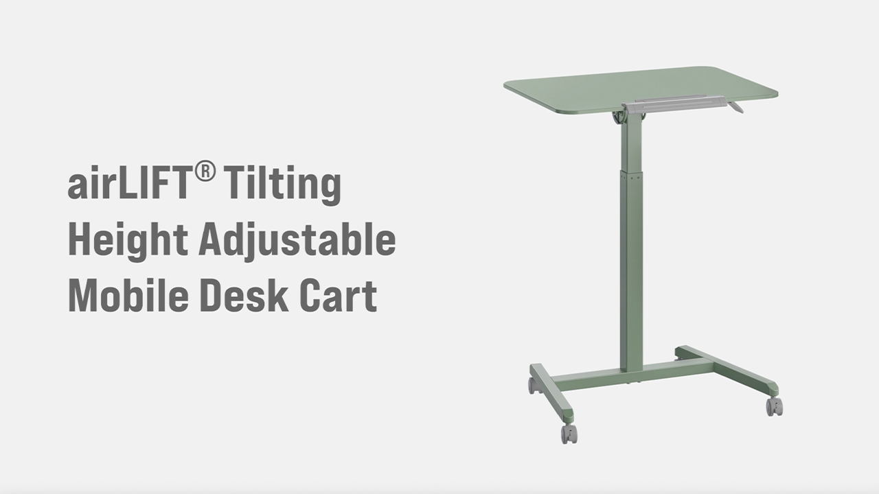 thumbnail video image 2 of Seville Classics airLIFT Height Adjustable Pneumatic Laptop Sit Stand Desk Mobile Rolling Cart, Computer Workstation for Home Office, Classroom, Black, 25.6" Tilting Desktop, 2 of 10