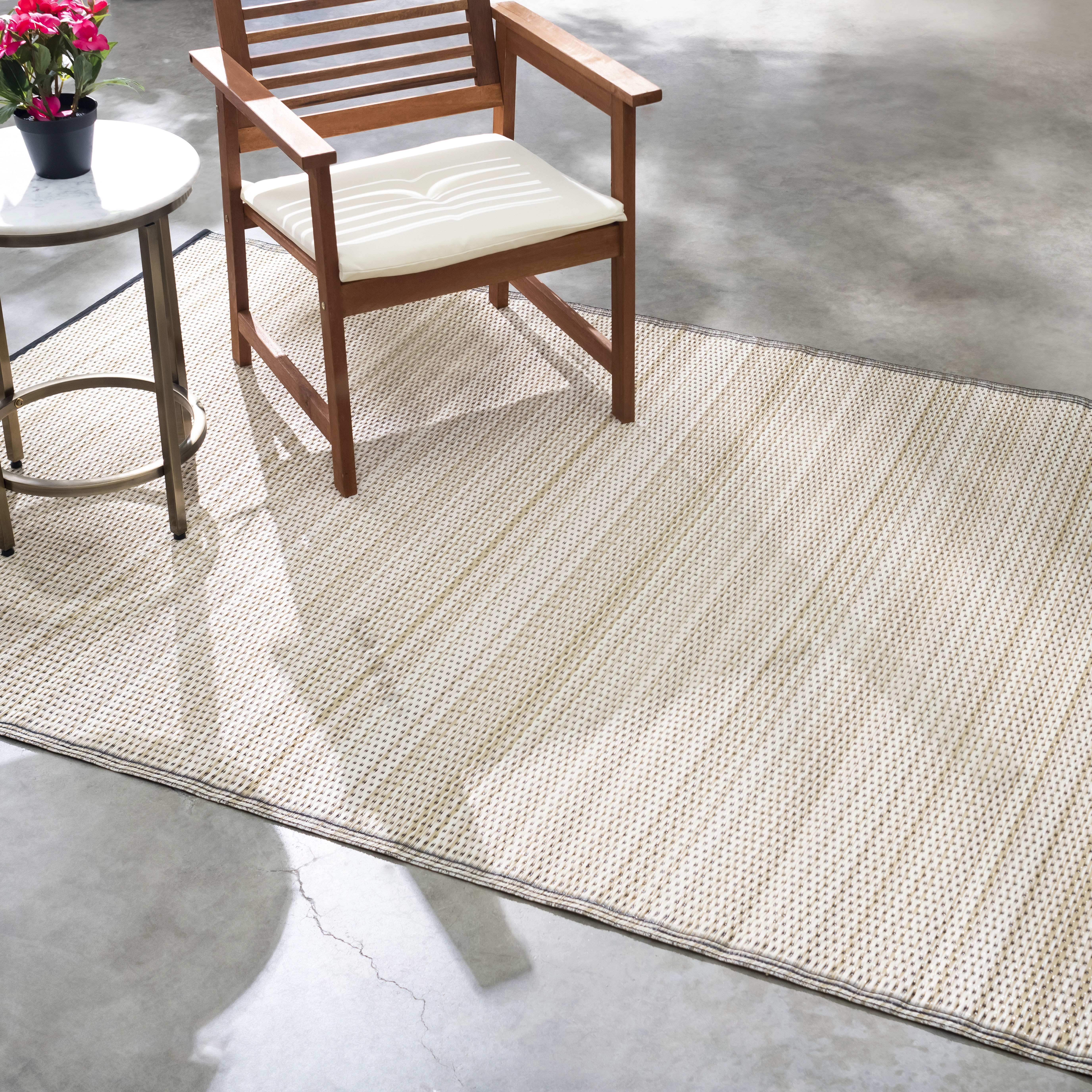 thumbnail video image 2 of Fab Habitat Outdoor Rug - Waterproof, Fade Resistant, Crease-Free - Premium Recycled Plastic - Neutral Striped - Patio, Porch, Deck, Balcony - Cancun Shadow - Sand & Black - 5 x 8 ft, 2 of 11
