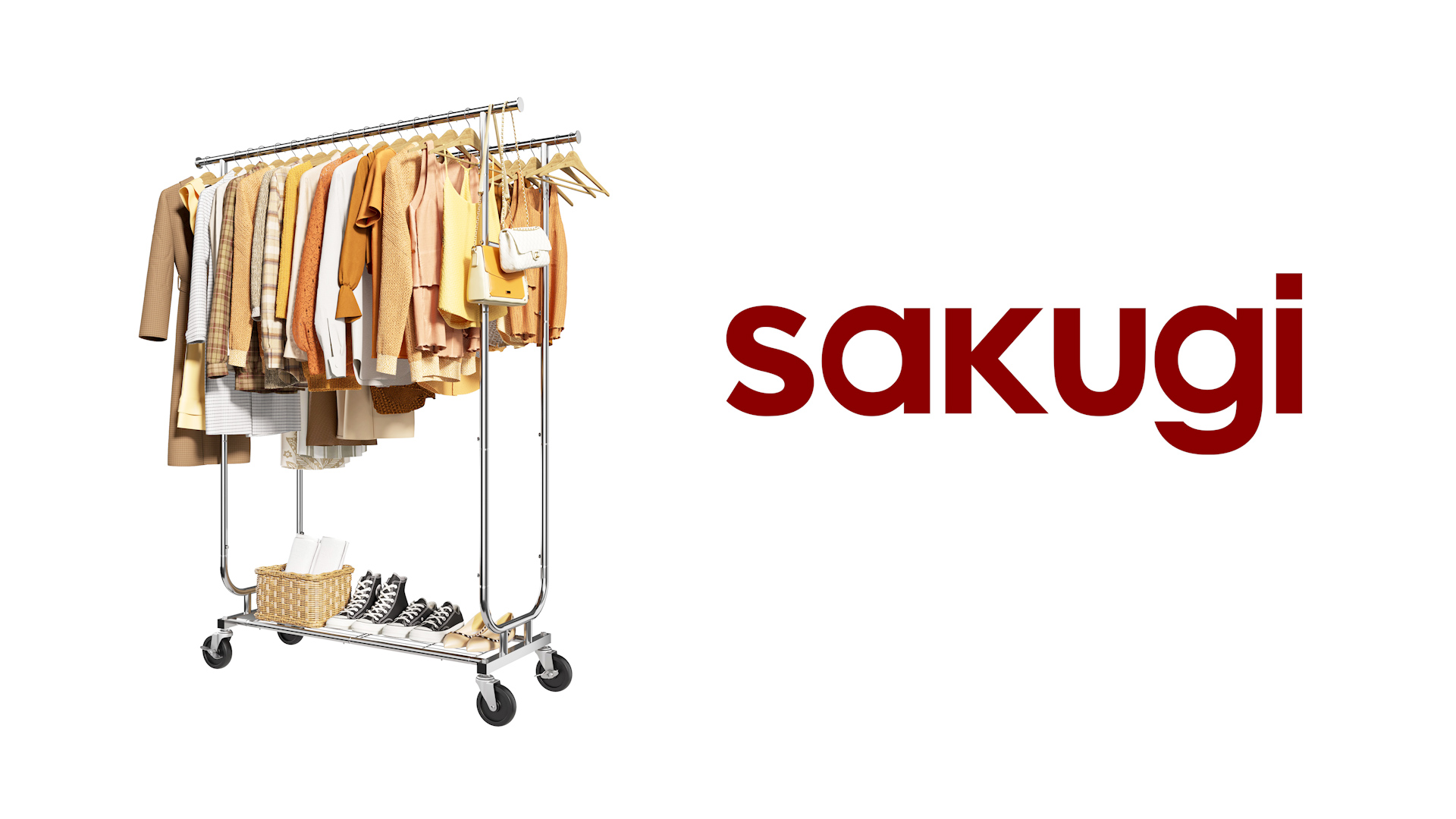 thumbnail video image 2 of Sakugi Heavy-Duty Clothes Rack - Rolling Garment Rack with Double Rods and Shelves, Stainless Steel Clothing Racks for Hanging Clothes in Bedroom, Laundry Room, 43.0" x 16.5" x 65.9", 2 of 8