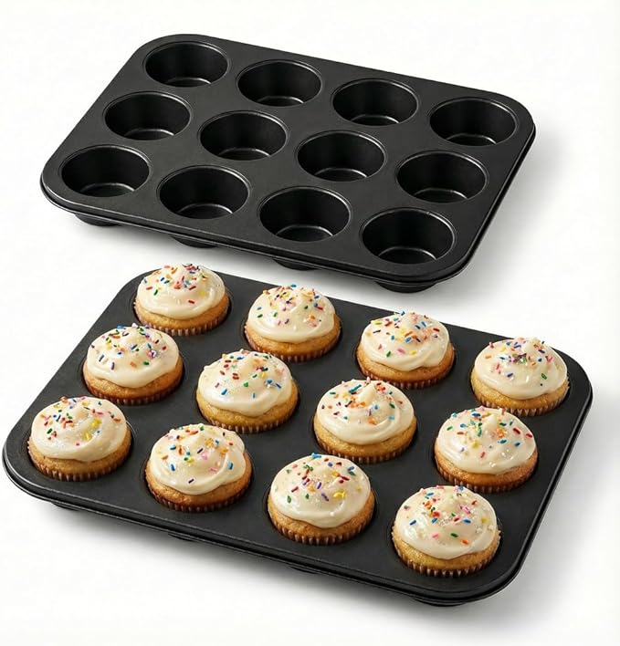 thumbnail video image 2 of 12-Cup Nonstick Muffin Pan Set of 2 — Carbon Steel Cupcake Trays for Brownies, Egg Bites & Standard Baking, Nesting Design, 2 of 9