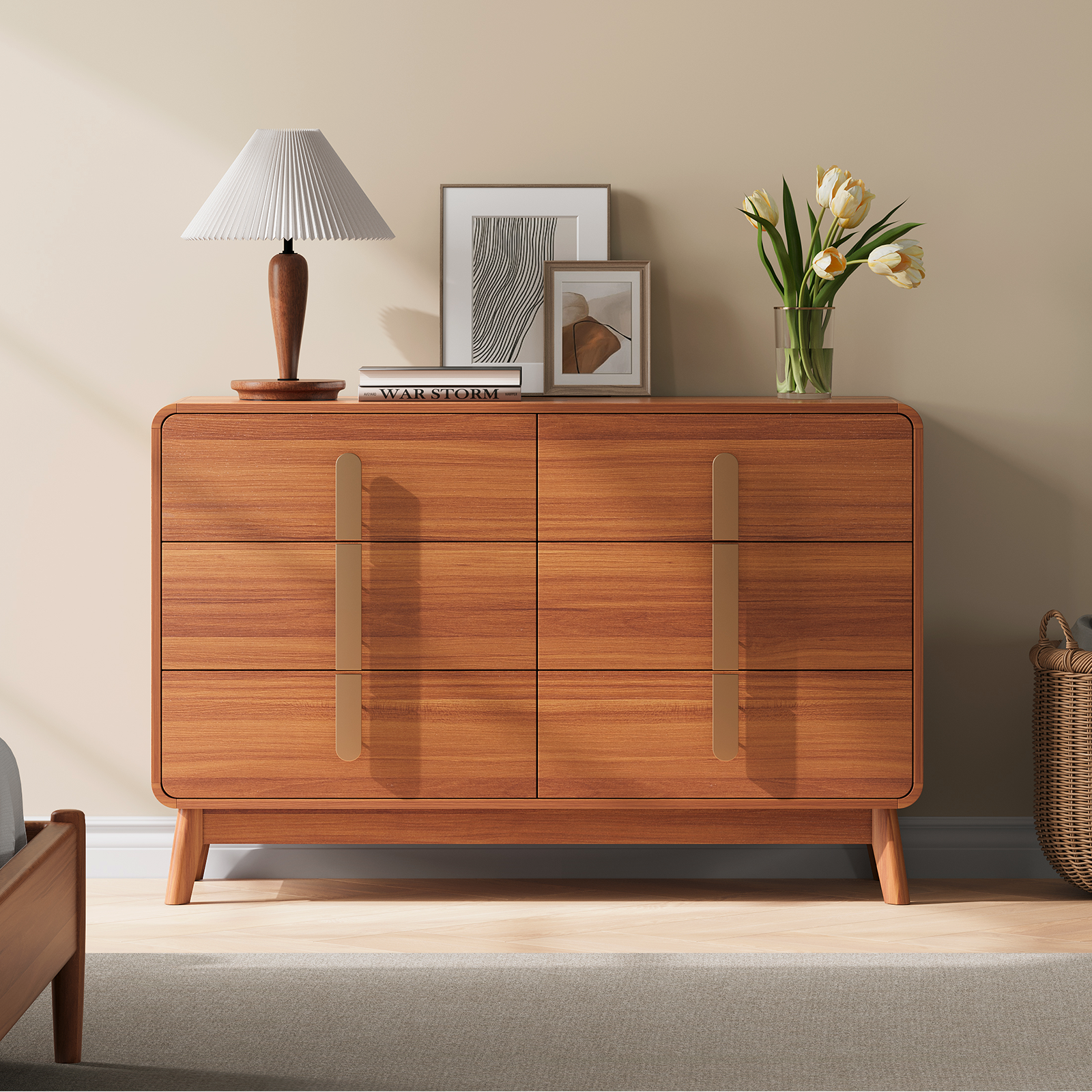 thumbnail video image 2 of JOINICE Mid Century Modern 6-Drawer Wooden Dresser, Chest of Drawers for Bedroom and Living Room, Cherry, 2 of 8