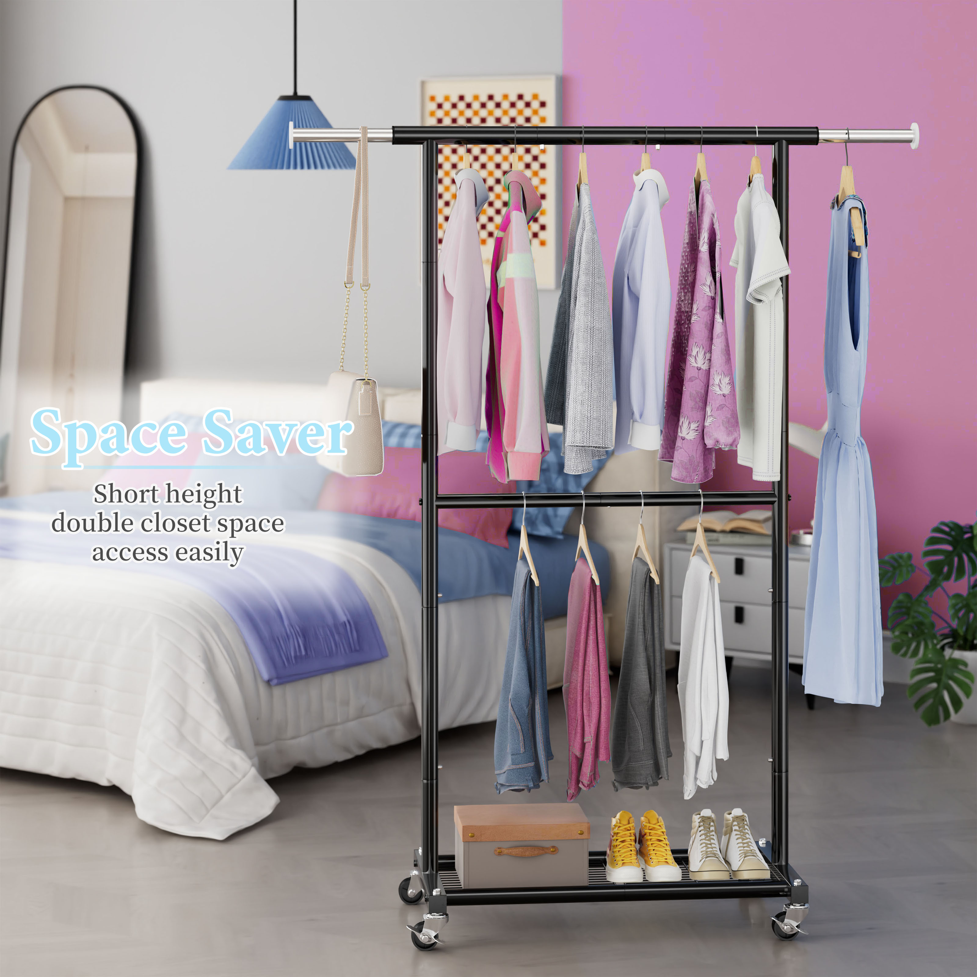 Rack Ricch SUFAUY Clothes Rack, Rolling Metal Garment Rack with Double Hanging ...