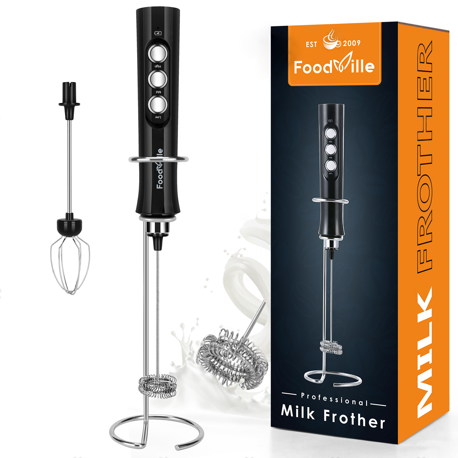 thumbnail video image 2 of FoodVille MF02 Rechargeable Milk Frother Handheld Foam Maker with Stainless Whisk for Cappuccino, Latte, Bulletproof Coffee, Keto Diet, Protein Powder, Matcha, 2 of 8