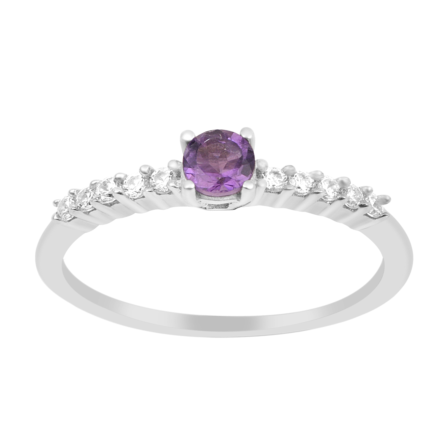 thumbnail video image 2 of 4mm Round Shape Amethyst 925 Sterling Silver Solitaire Side Accents Women Promise Ring, 2 of 7