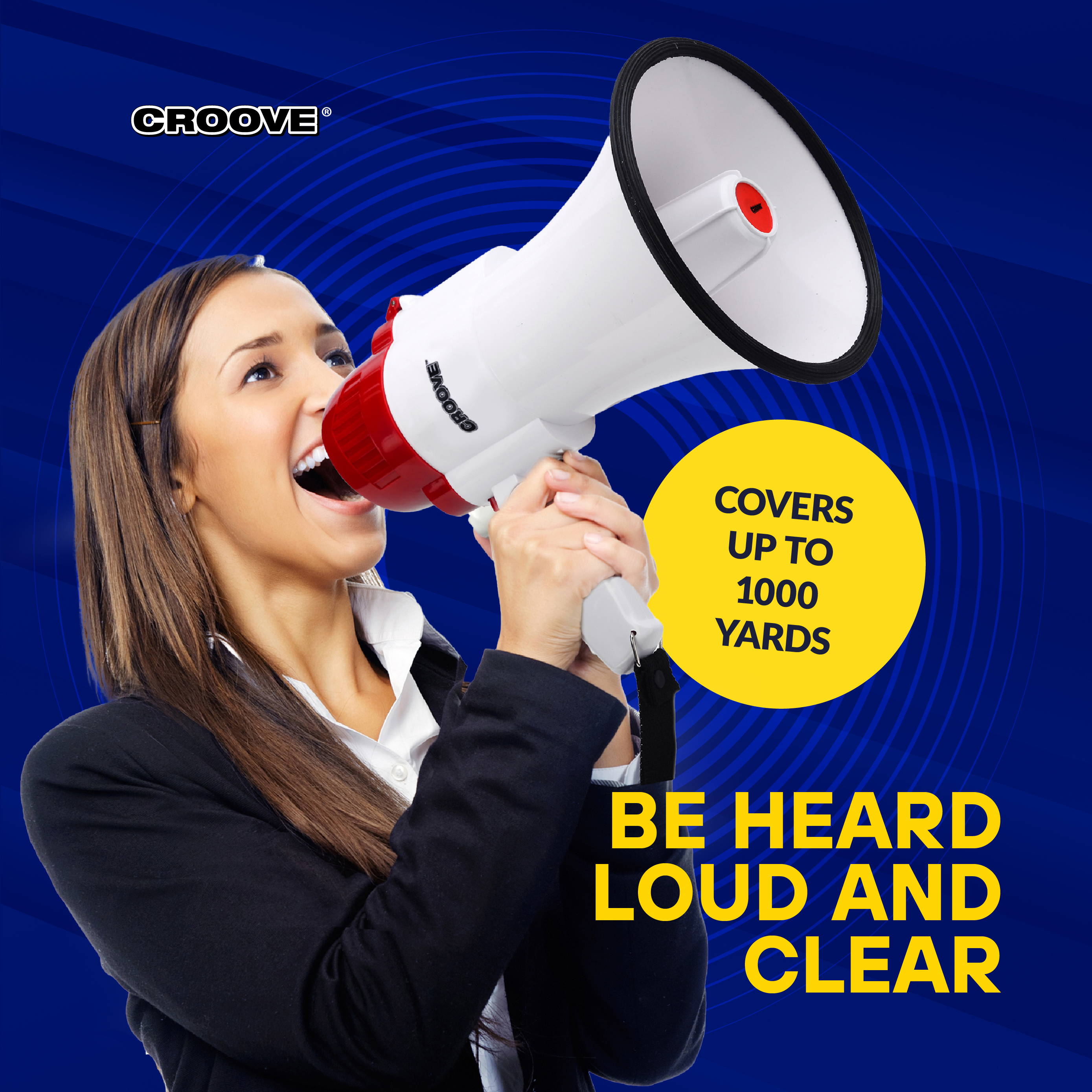 thumbnail video image 2 of Croove Rechargeable Megaphone Bullhorn Speaker, 30-Watt, 1000 Yard Range, 2 of 8