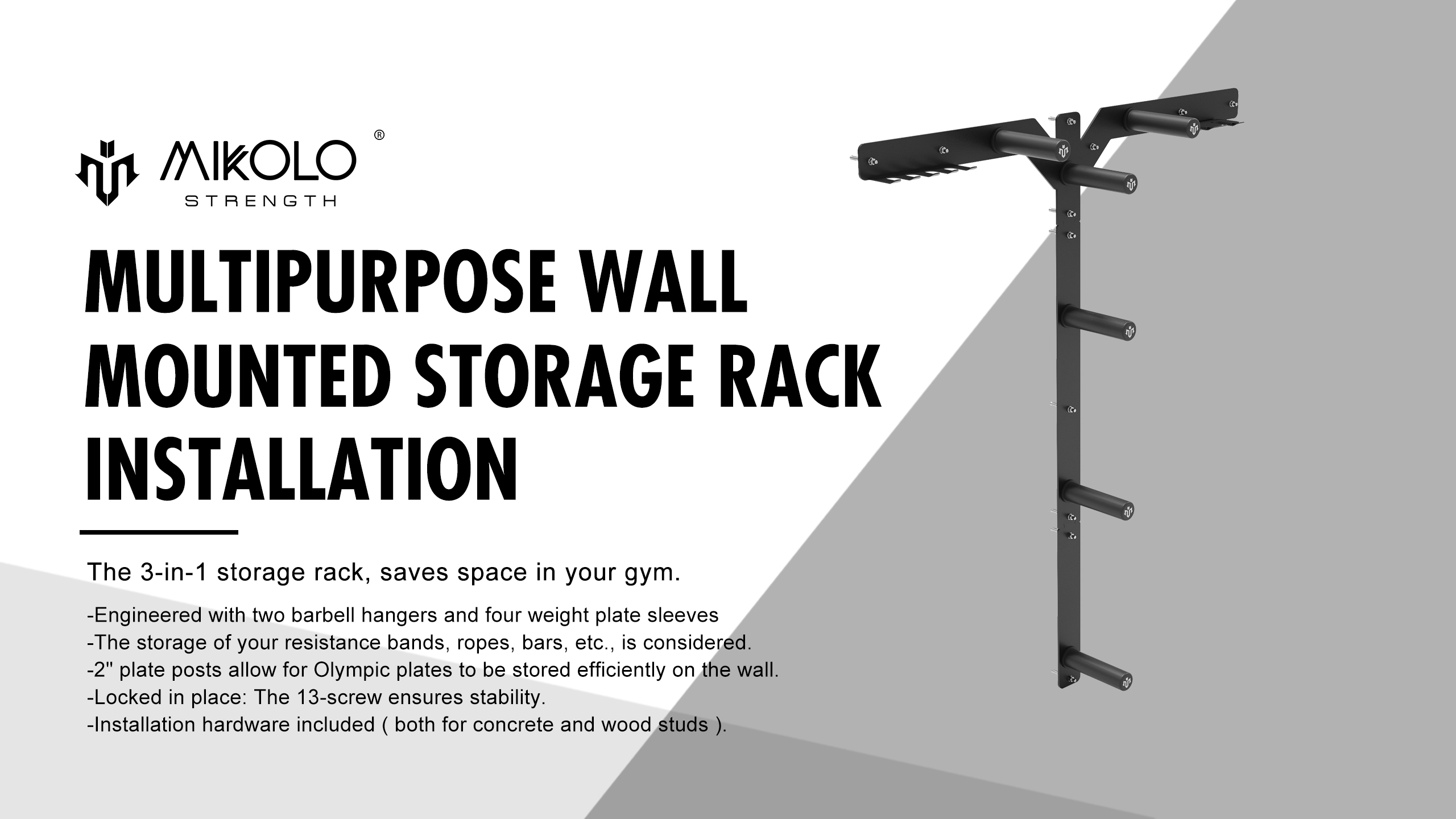 thumbnail video image 2 of Mikolo Wall Mounted Storage Rack,  6 Pegs 5 Hooks and 2 Barbell Storage Rack, 850LBS Loading Capacity, 2 of 9