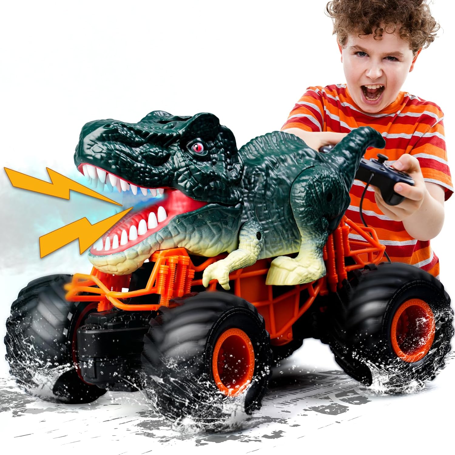 thumbnail video image 2 of HNH Dinosaur RC Monster Truck for Boys, Remote Control Car with Light, Sound & Spray, 2 of 9
