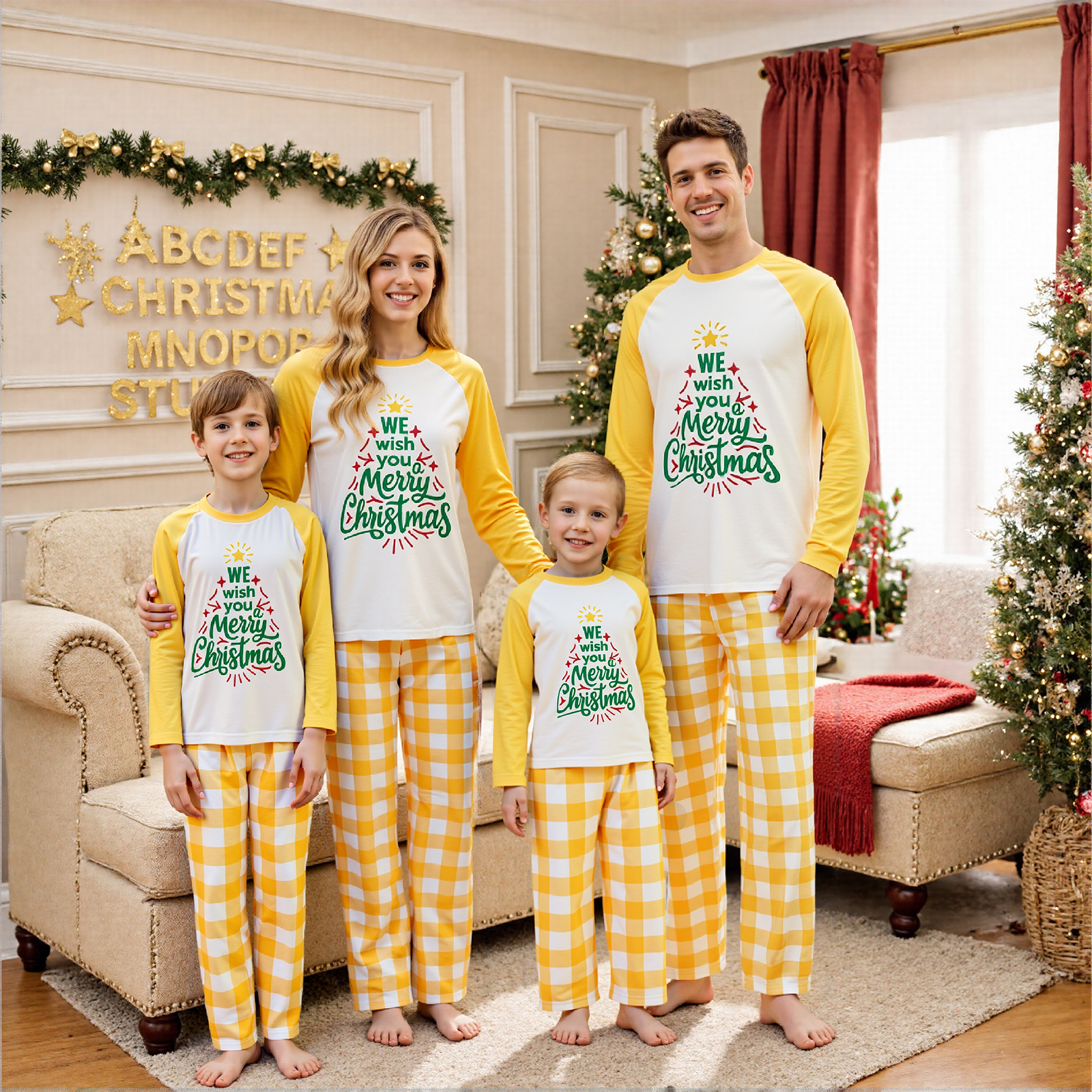 thumbnail video image 2 of AceBaby Family Matching Christmas Pajamas Set Letter Print Tops and Plaid Pants Holiday Pajamas Sleepwear, 2 of 7