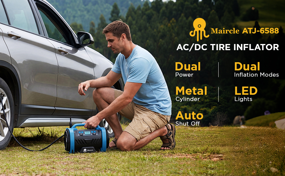 thumbnail video image 2 of MOOSOO AC/DC Tire Inflator, 3 in 1 Portable Air Compressor for Car Tires with Auto Shut-off, LED Light, 150PSI Air Pump for Cars, Balls, Motorcycles, 2 of 8
