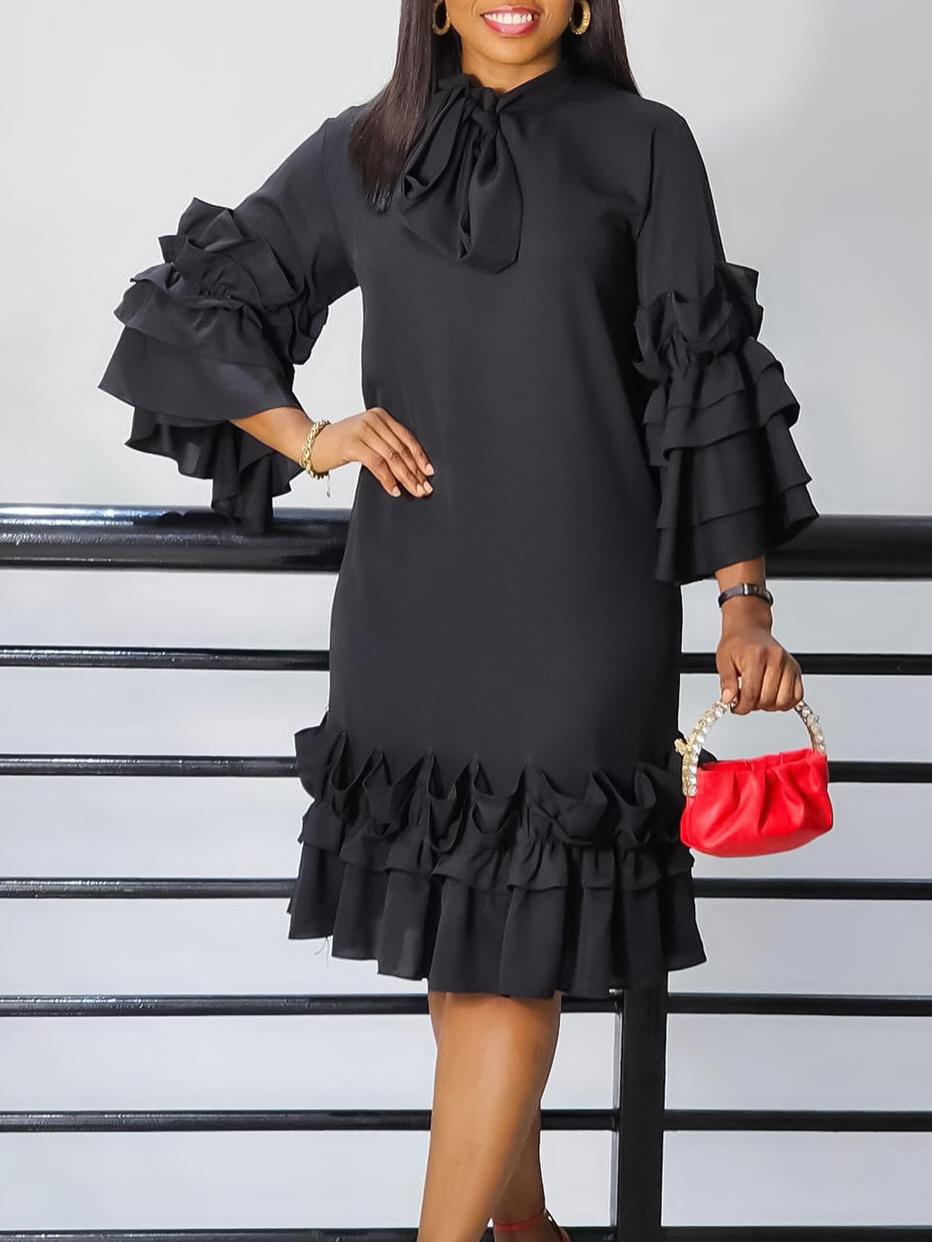 thumbnail video image 2 of AURA Plus Size Ruffle A Line Midi Dress Half Open Collar Trumpet Sleeve 3 4 Sleeve Casual Elegant Dress with Zipper, 2 of 11