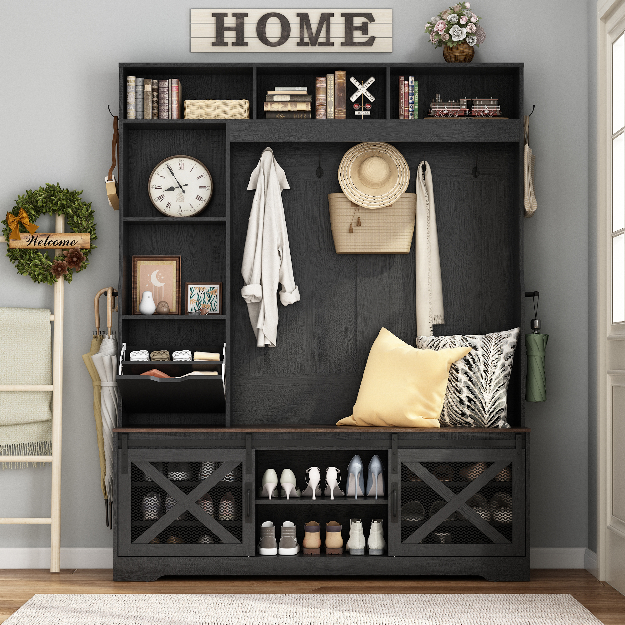 thumbnail video image 2 of ChVans 75''H LED Farmhouse Hall Tree with Bench and Shoe Storage, Black Hall Tree with Storage Bench, 16 Shoe Cabinet, Umbrella Holder&Sock Storage Drawer, Mudroom, Hallway, Entryway Furniture, 2 of 8