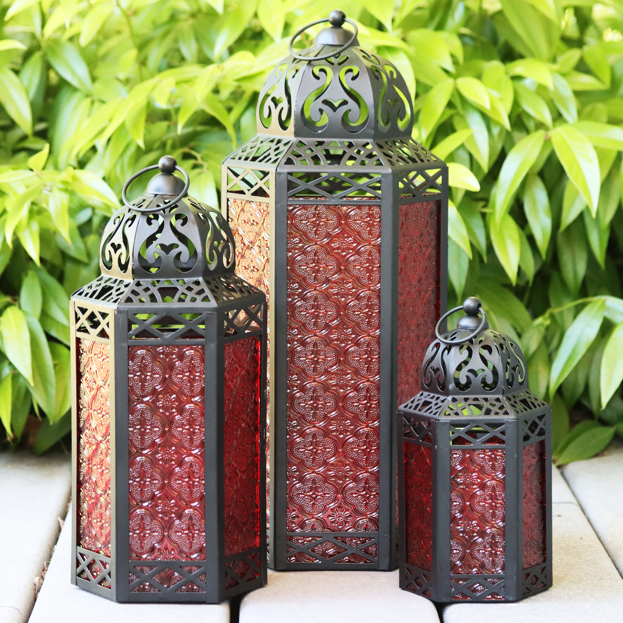 thumbnail video image 2 of Moroccan Candle Lantern Decorative Set of 3 for Floor, Ramadan Decorations, Indoor Home Decor, Outdoor Patio or Porch, Weddings, Red, 2 of 8
