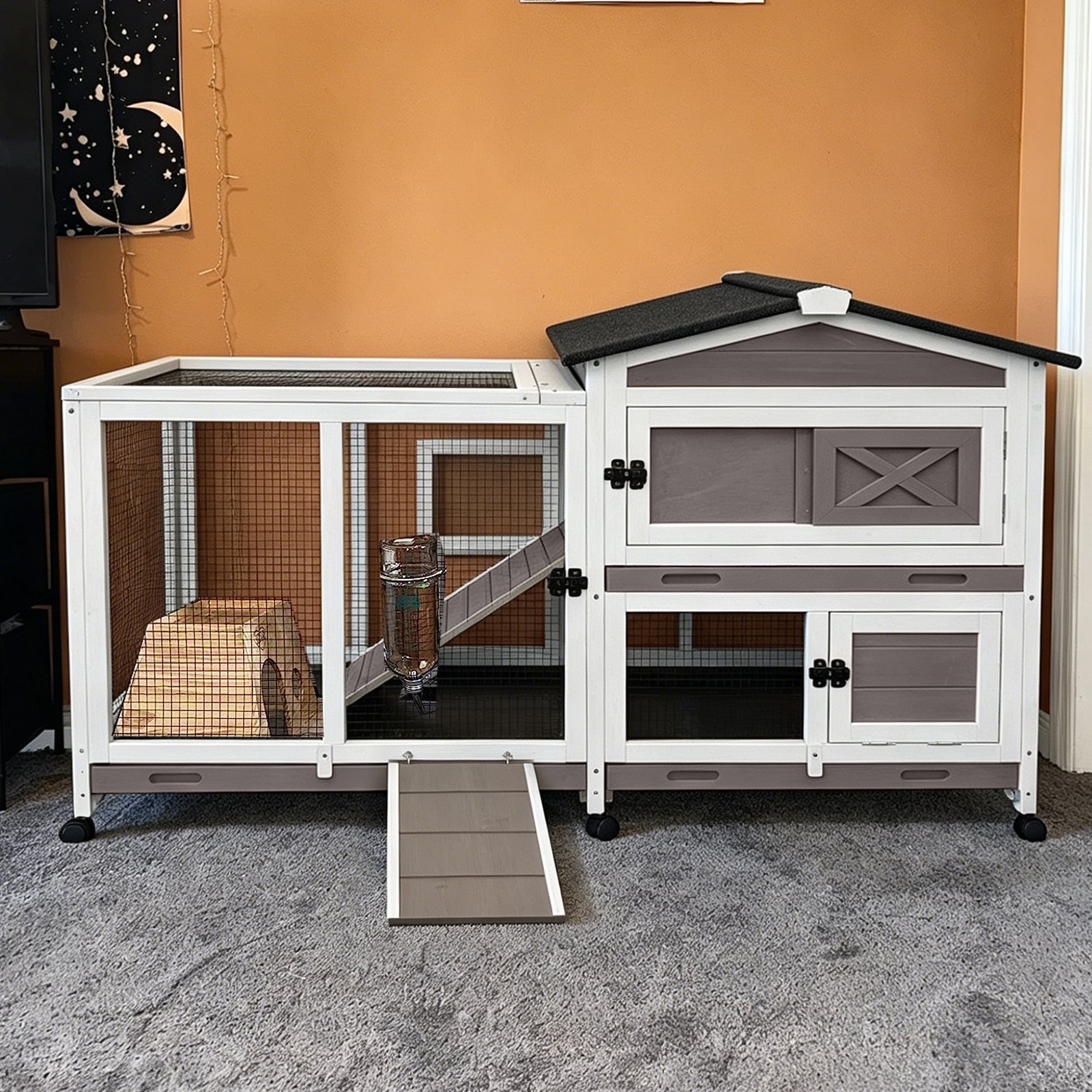 thumbnail video image 2 of Aivituvin 55" Chew-Proof Rabbit Hutch, Large 2-Story Wooden Bunny Cage with Full Metal Frame, 3 Lockable Pull-Out Trays and 6 Wheels for Guinea Pigs & Small Pets, 2 of 8