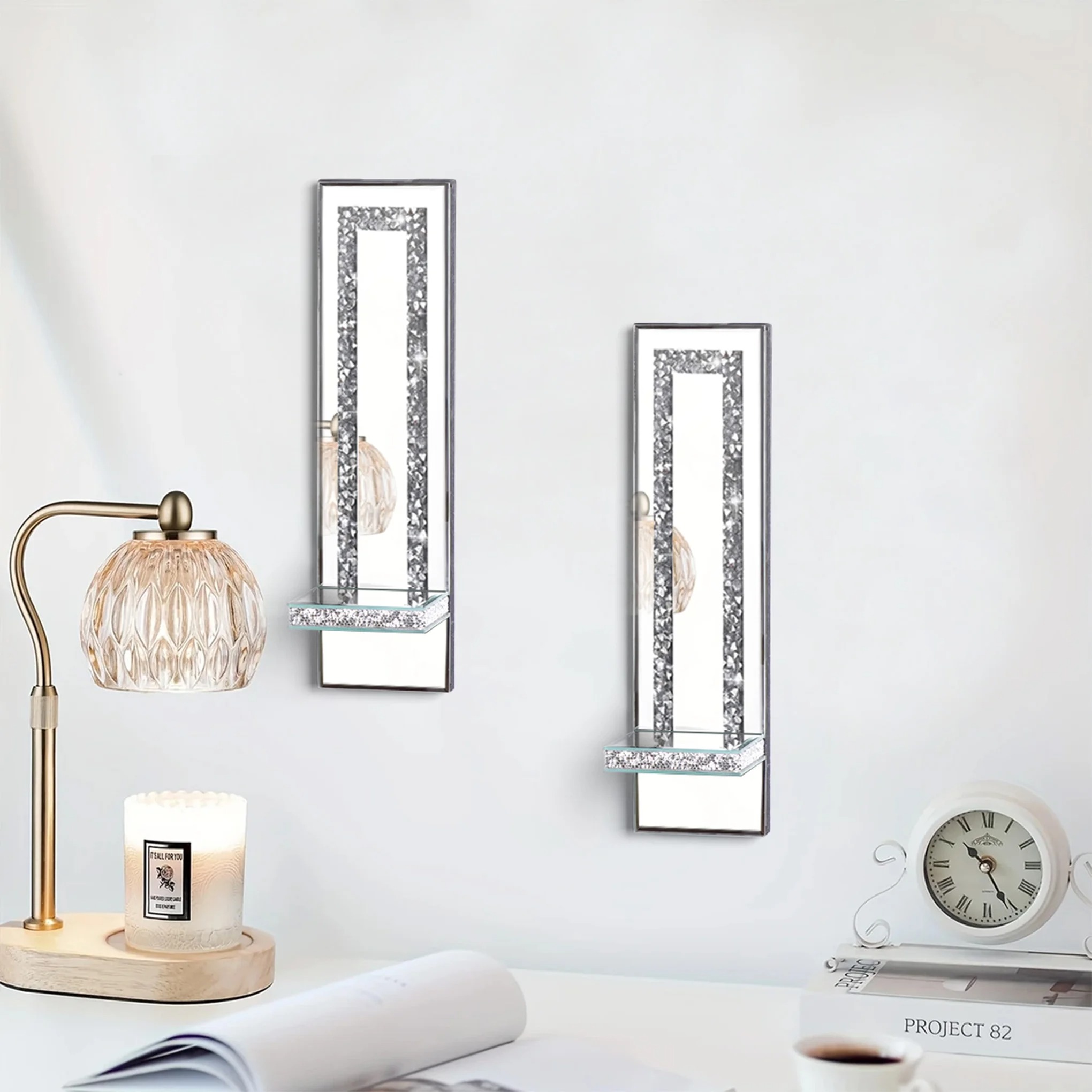 thumbnail video image 2 of Crystal Crush Diamond Wall Sconces Set of 2, Silver Mirrored Candle Holders for Wall, Decorative Wall Sconce for Living Room Bedroom Dining Room FZBCTLDZ, 2 of 11