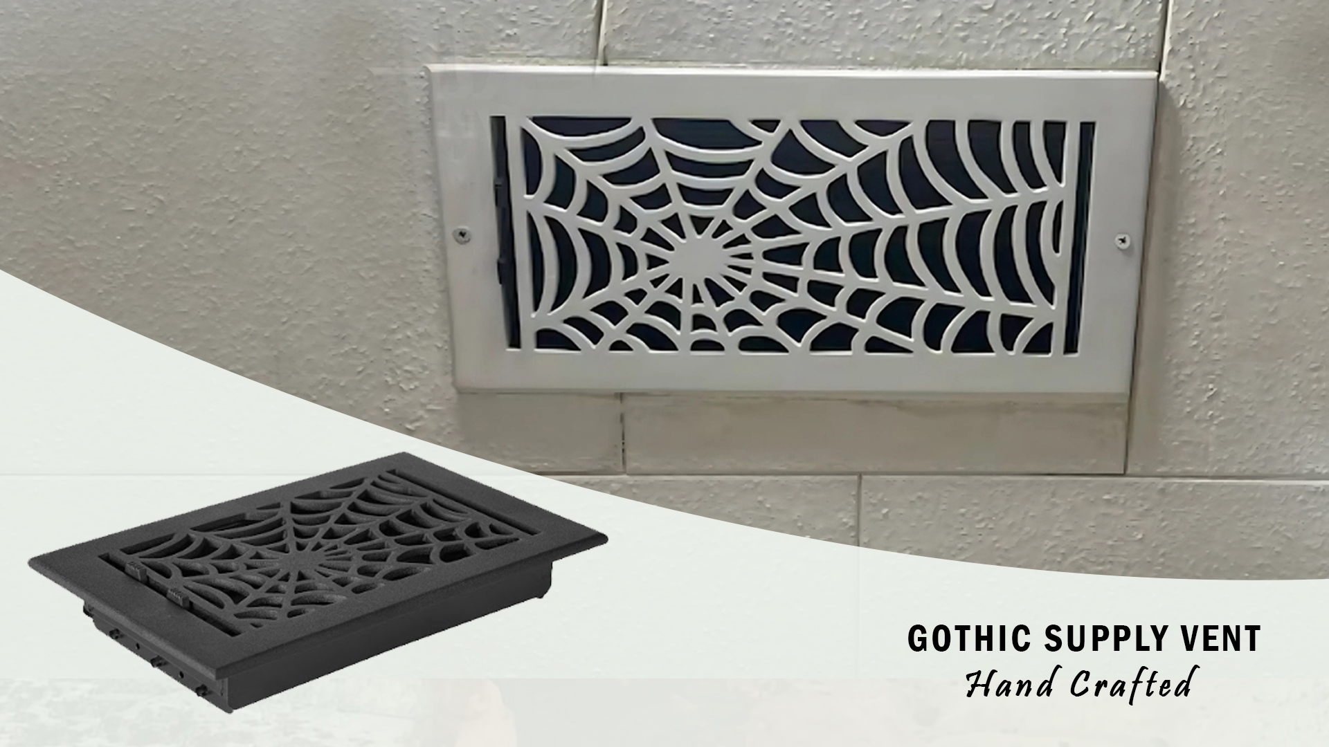 thumbnail video image 2 of Spooky Gothic Vent cover 6"x 12" Duct Opening (Overall 7-1/2"x 13-3/4") Spider Web Design Solid Cast Aluminium Register, 2 of 13