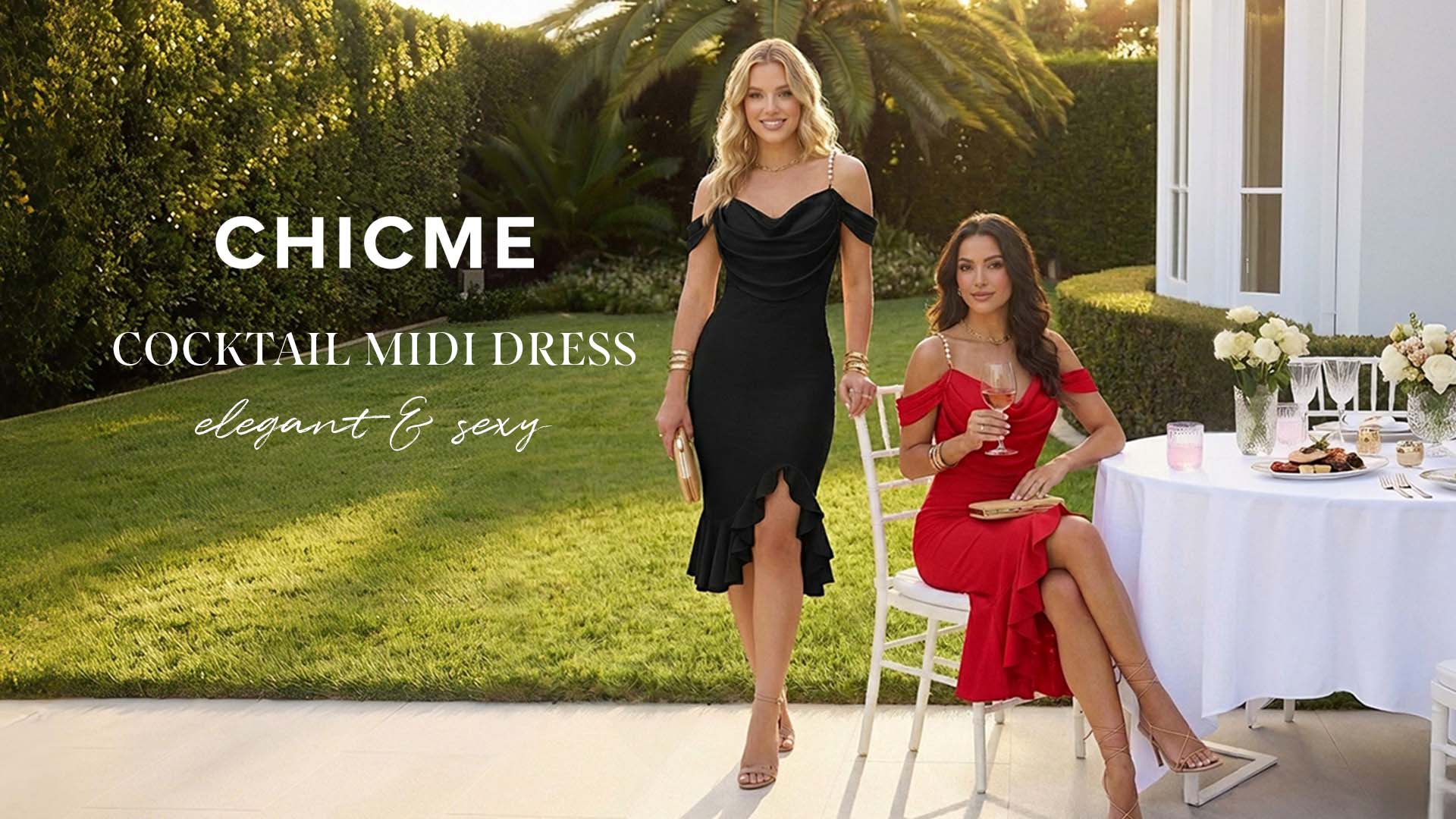 thumbnail video image 2 of CHICME Womens Cocktail Dresses Pearls Strap Solid Color Off Shoulder Ruffle Hem Bodycon Midi Party Dress Green-S, 2 of 9