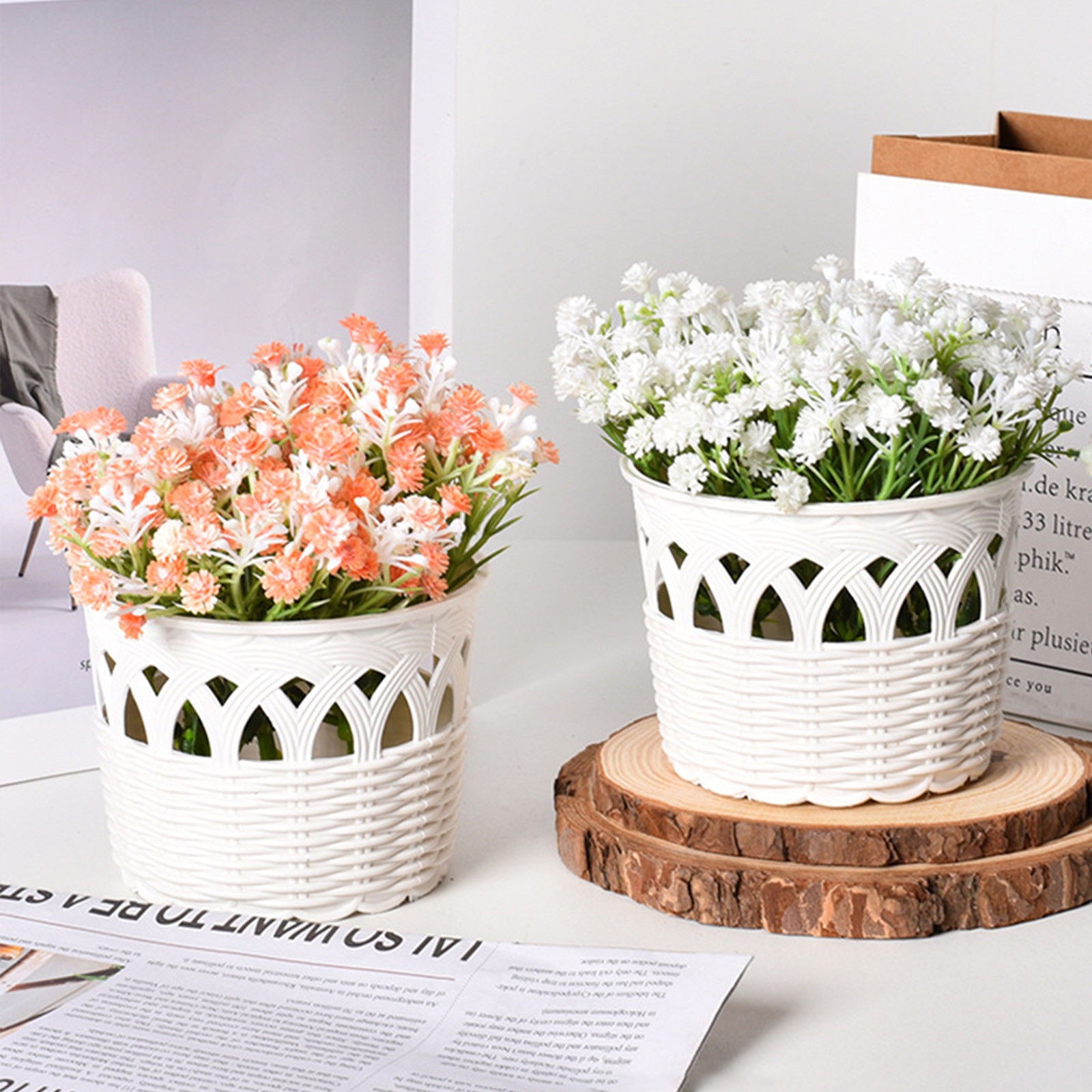 thumbnail video image 2 of 0.8L Hollowed Out Flower Basket, Stylish Woven Design for Indoor Outdoor Use, Multifunctional Basket for Flowers s Fruits, Home Decoration Organizer for Living Room Balcony, White, 1pc, 2 of 9