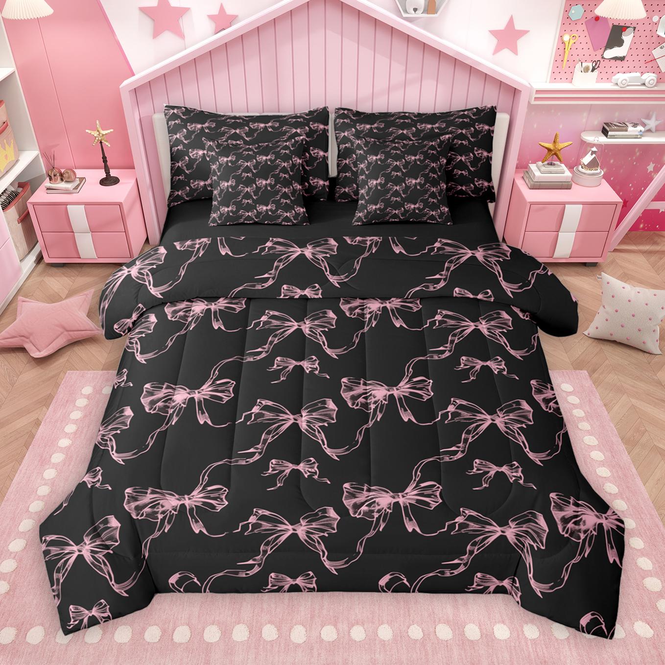 thumbnail video image 2 of Manfei Kawaii Bowknot Bowtie 7-Piece Twin Bedding Sets,Cartoon Loves Pattern Bedding Comforter Set,Pink Black Sheet Sets For Girl,Breathable Home Decor Reversible, 2 of 9