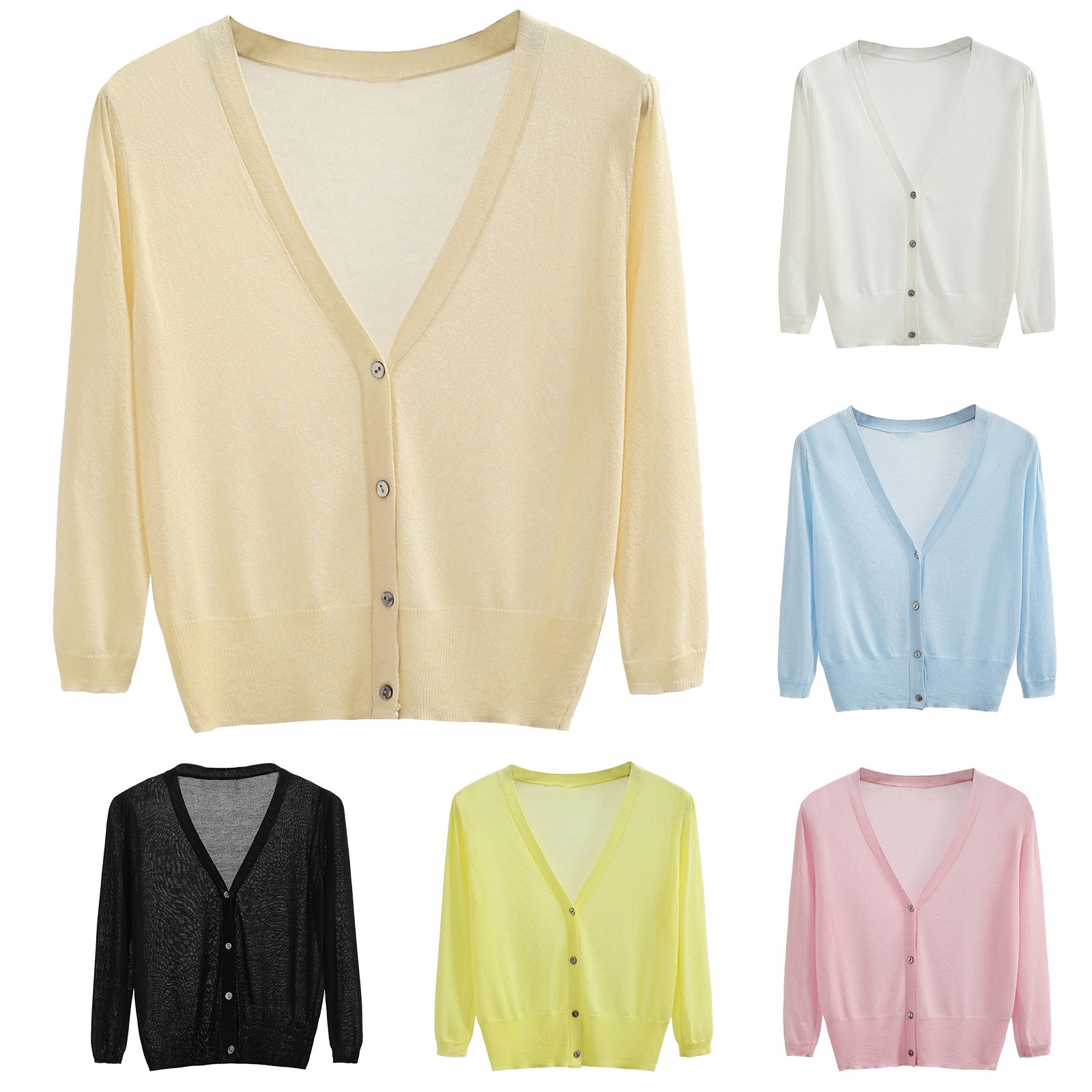 thumbnail video image 2 of New & Trending Uooqdmx Lightweight Cardigans for Women, Summer Cardigan, Cotton Cardigans for Women, V Neck Cardigan Sweater Solid Color Knitted Sweater, Knit Cardigans for Women, Yellow M, 2 of 8