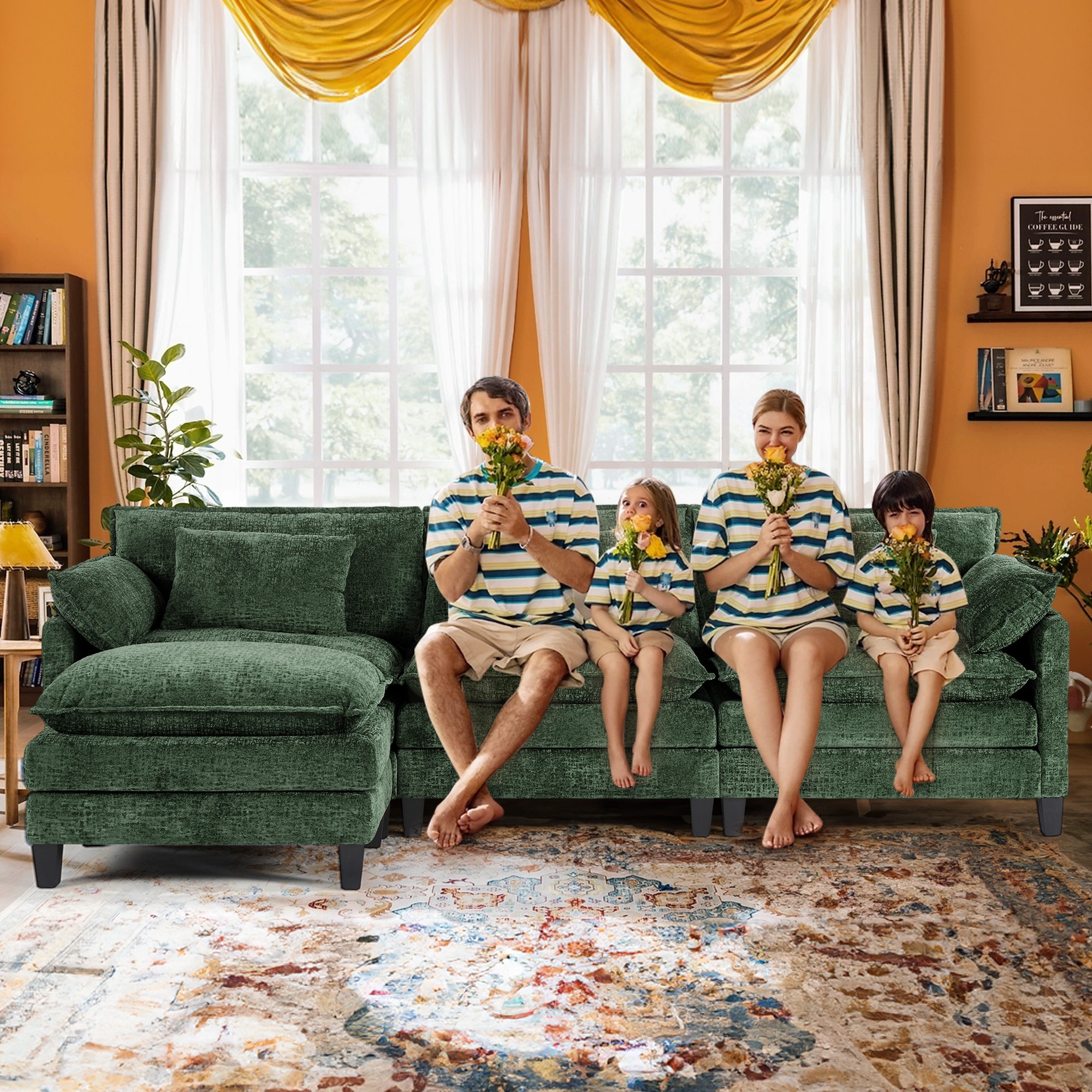 thumbnail video image 2 of JONPONY 111" Cloud Couch,L Shaped Modular Sectional Sofa with Movable Ottoman,3 Oversized Seats Sleeper Couches for Living Room,Chenille Green, 2 of 11
