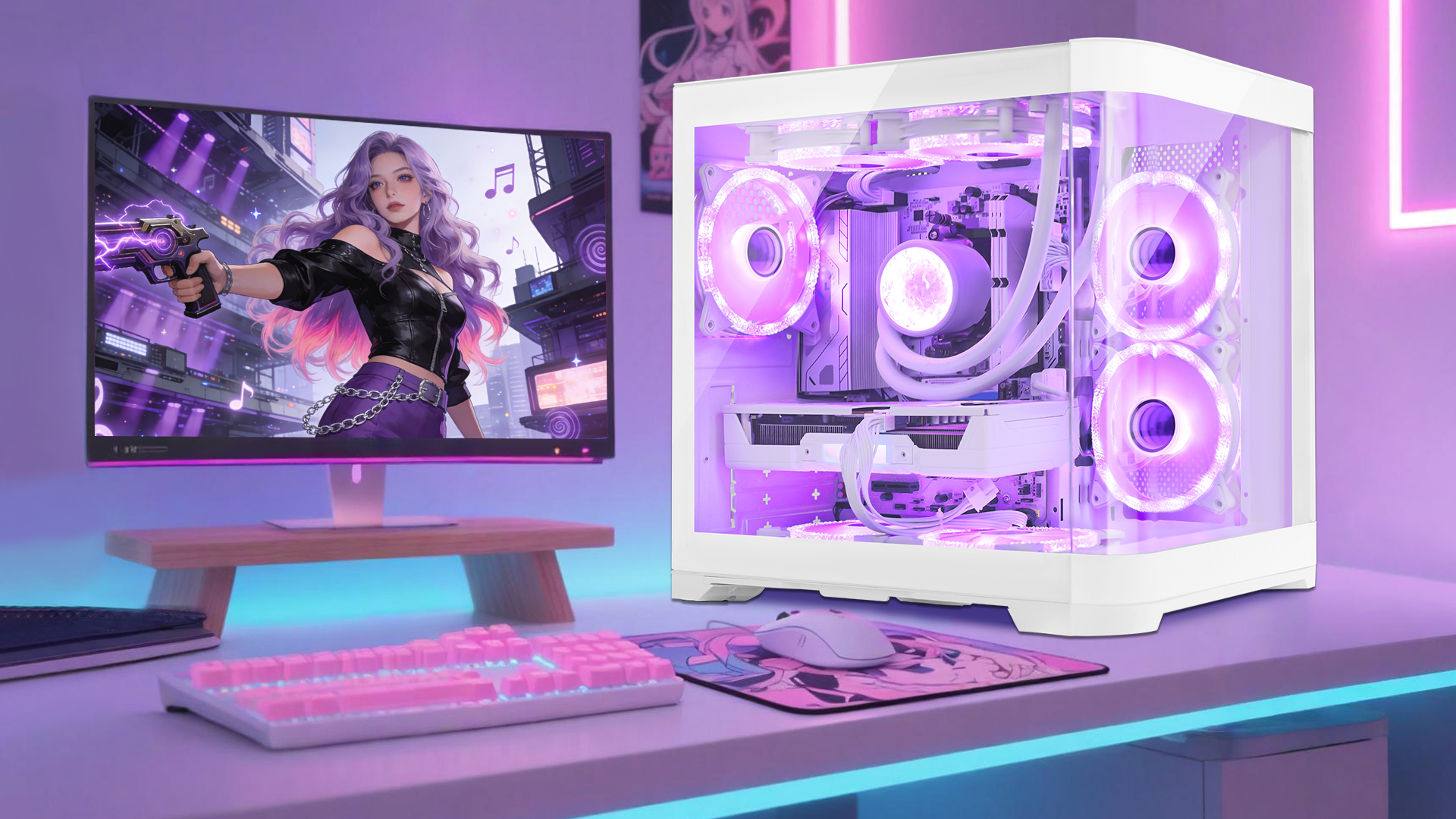 thumbnail video image 2 of Hoengager Poseidon Gaming PC, AMD Ryzen 7 9700X 8-Core 3.8 GHz- GeForce RTX 5060, 32GB DDR5 RAM, 1TB M.2 and 1TB SATA-240 liquid Cooler, Windows 11, 2 of 13