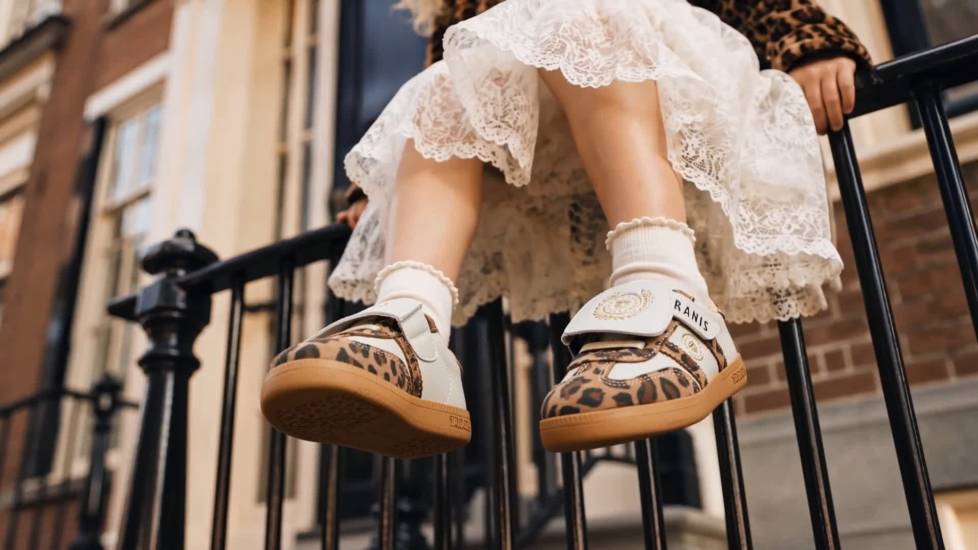 thumbnail video image 2 of TARANIS Kids Girls Sneakers, Retro-Style Casual Shoes for Toddler and Little Kid Sizes, Leopard Print, Low-Profile Thin Sole, 2 of 8