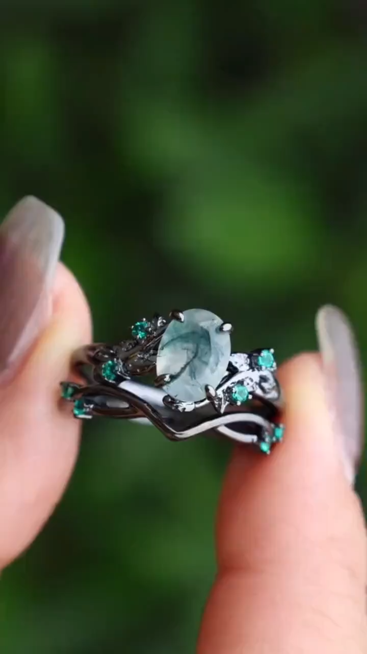 thumbnail video image 2 of STERLING MINIMALIST 1.5CT Oval Shaped Moss Agate Ring Set Natured - Inspired Bridal Set, Engagement Gifts For Her, Emerald Stacking Jewelry, 2 of 7