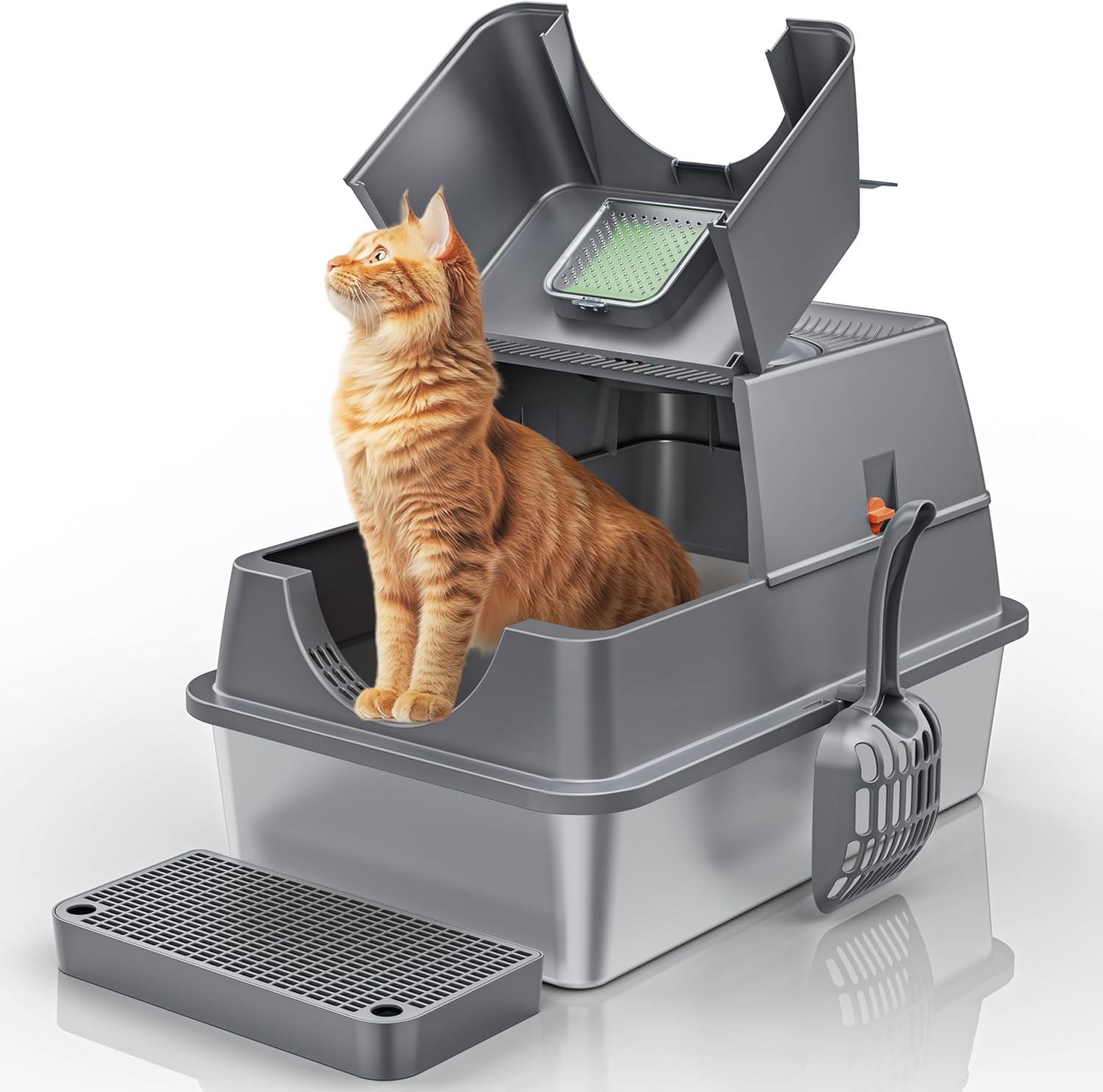 thumbnail video image 2 of PetWhole Extra Large Stainless Steel Enclosed Cat Litter Box with Pedal, Scoop, Stickers, and Carbon Bag, Gray, 2 of 8
