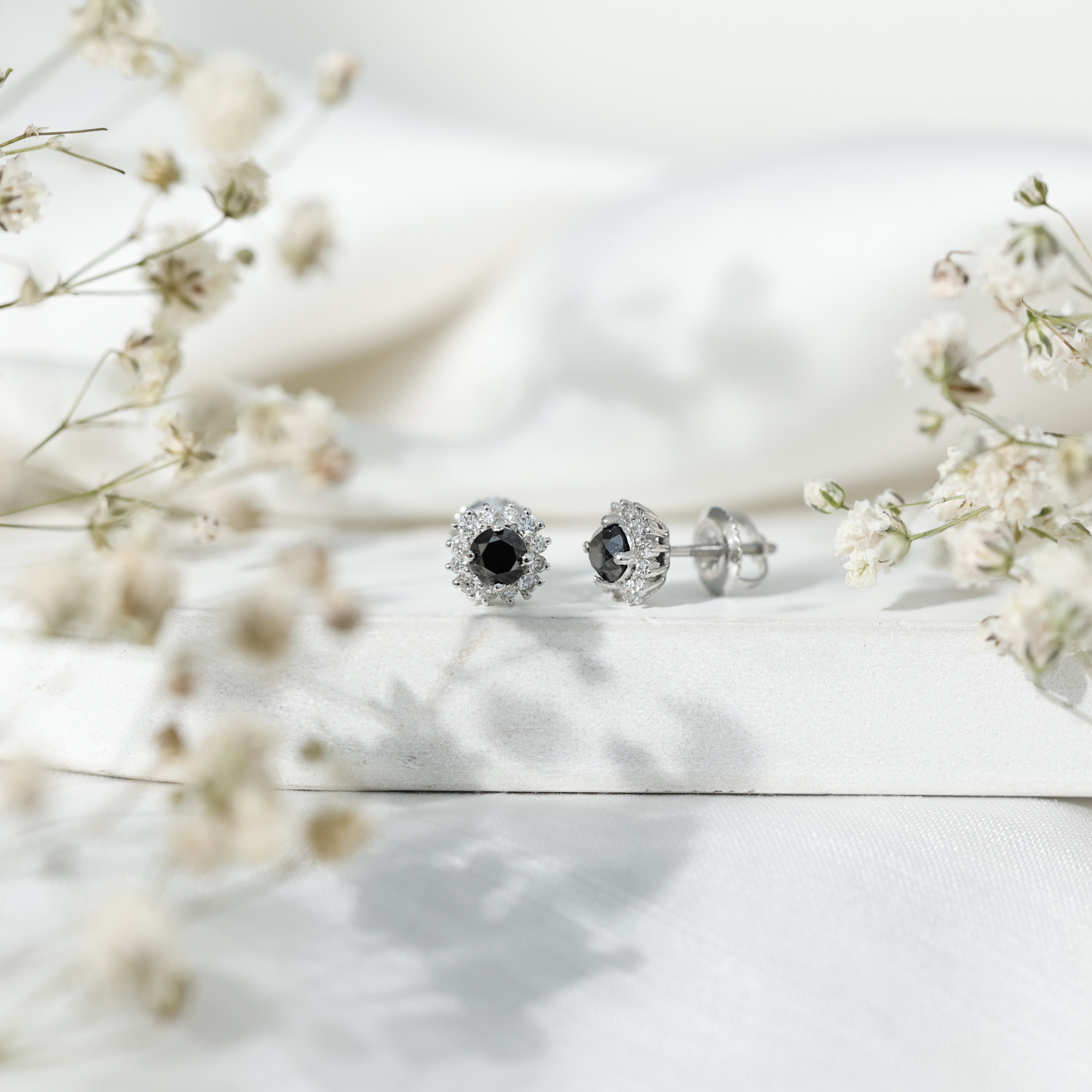 thumbnail video image 2 of Rosec Jewels Black and White Diamond Stud Earrings with Halo for Women (AAA Grade), 10K Yellow Gold, 2 of 8