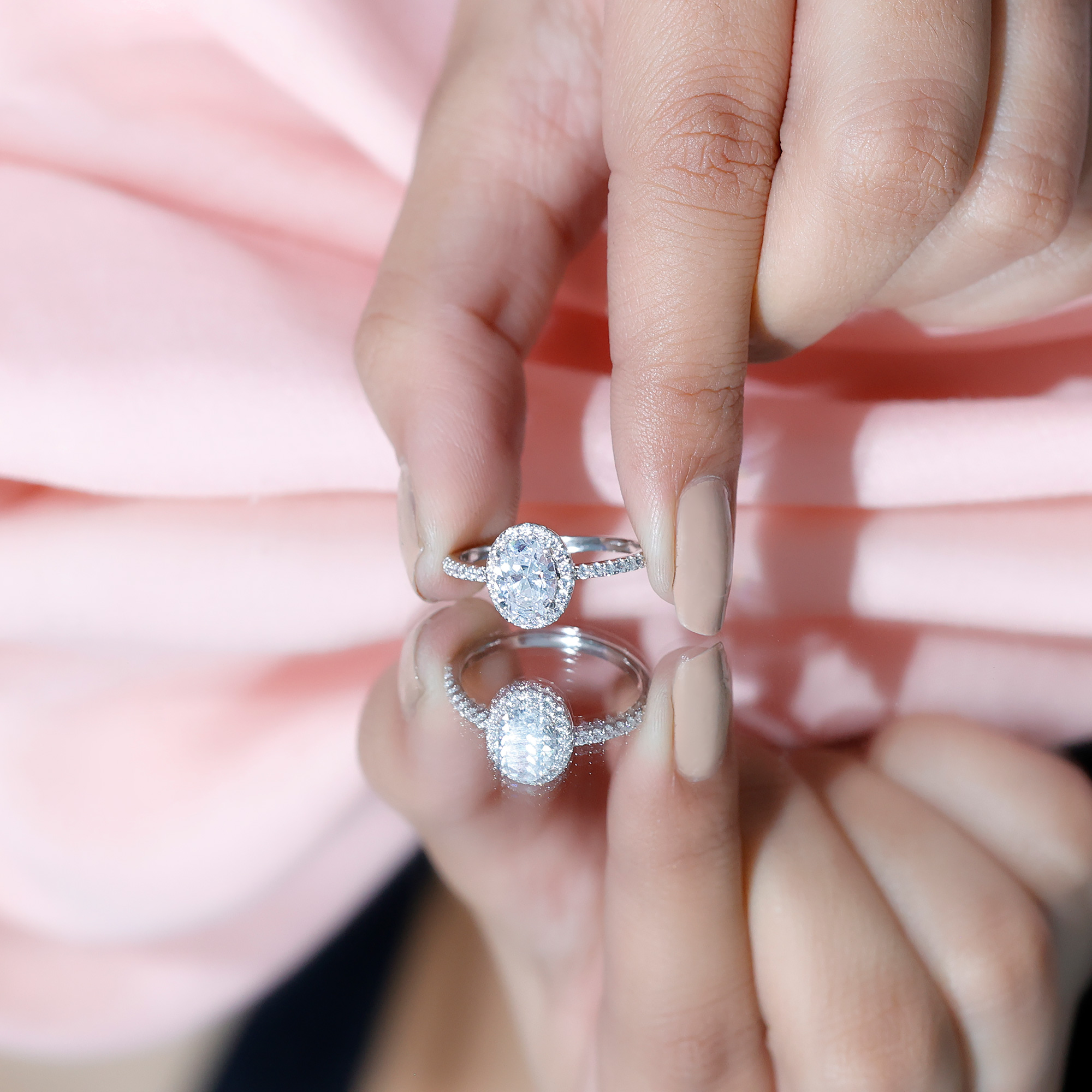 thumbnail video image 2 of Rosec Jewels Classic Oval Moissanite Engagement Ring with Halo (6X8 mm, D-VS1 Grade), 18K White Gold, US 12.50, 2 of 8