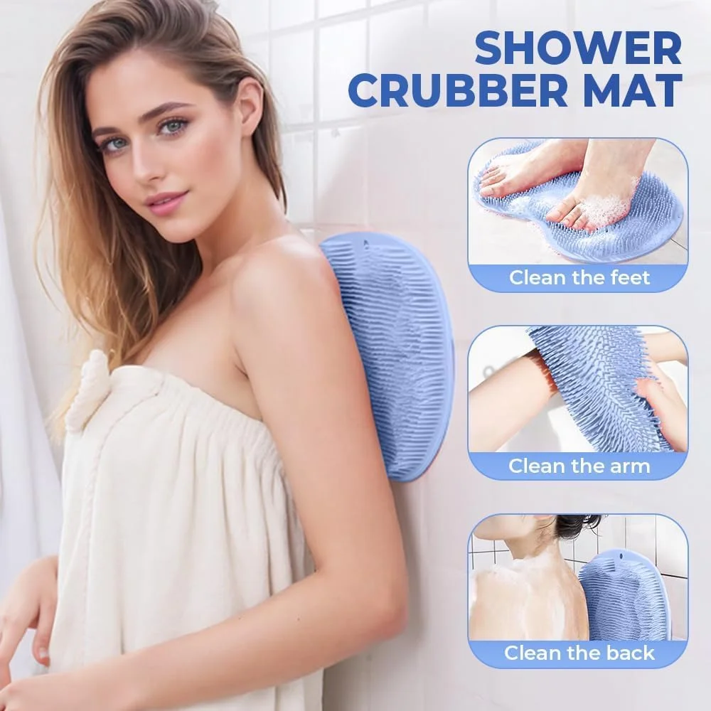 thumbnail video image 2 of Hands-Free Silicone Foot Scrubber Mat Shower Wall Back Scrubber Suction Cup, Non Slip Bathtub and Shower Mat with Suction Cups and Drain Holes, 2 of 7