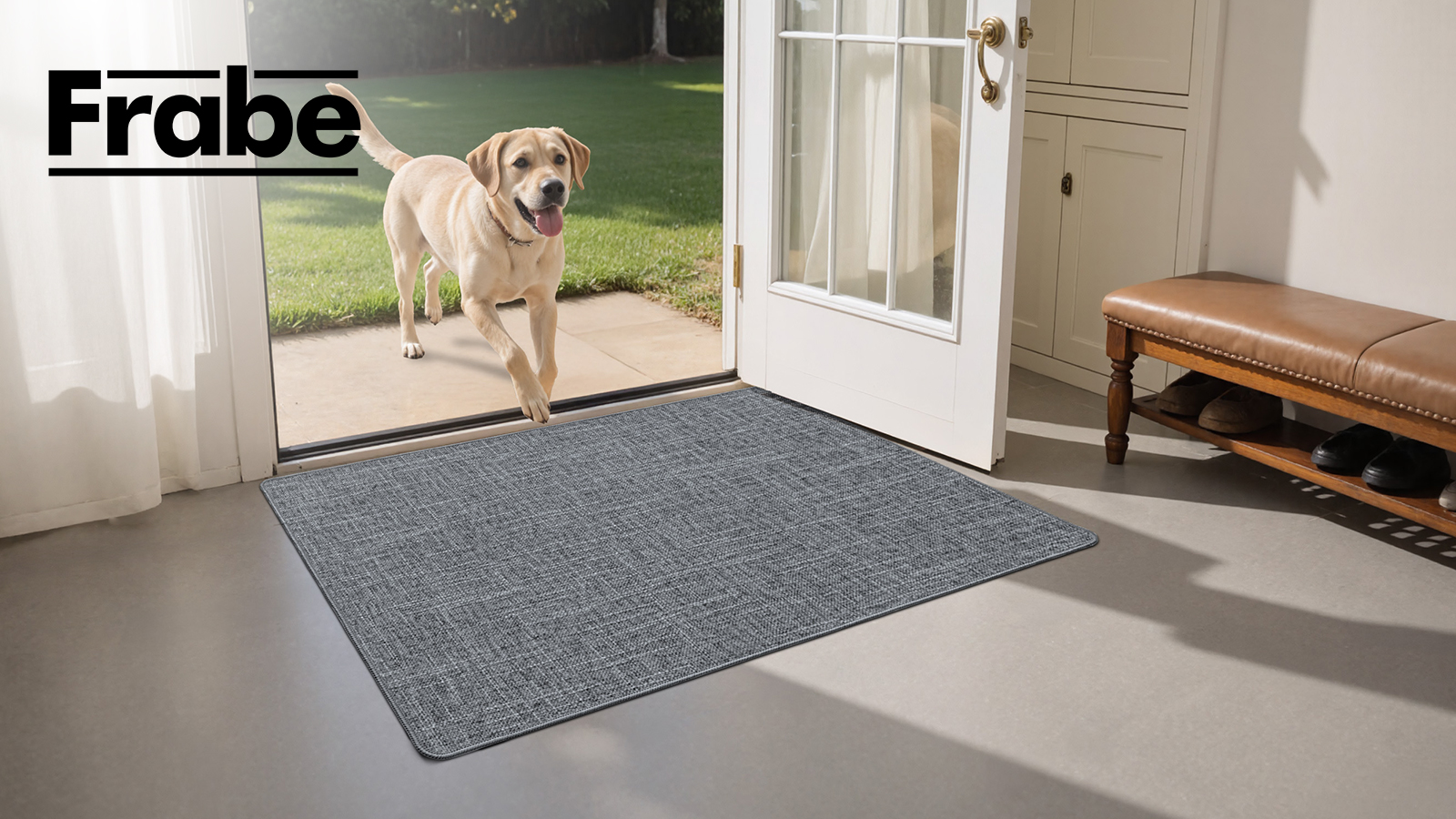 thumbnail video image 2 of FRABE Ultra Thin Door Mat for Entryway, Low Profile Non Slip Rubber Backing Indoor Doormat, Easy Clean Welcome Entrance Mat for Inside House, Patio, Dark Grey 32"x48", 2 of 10