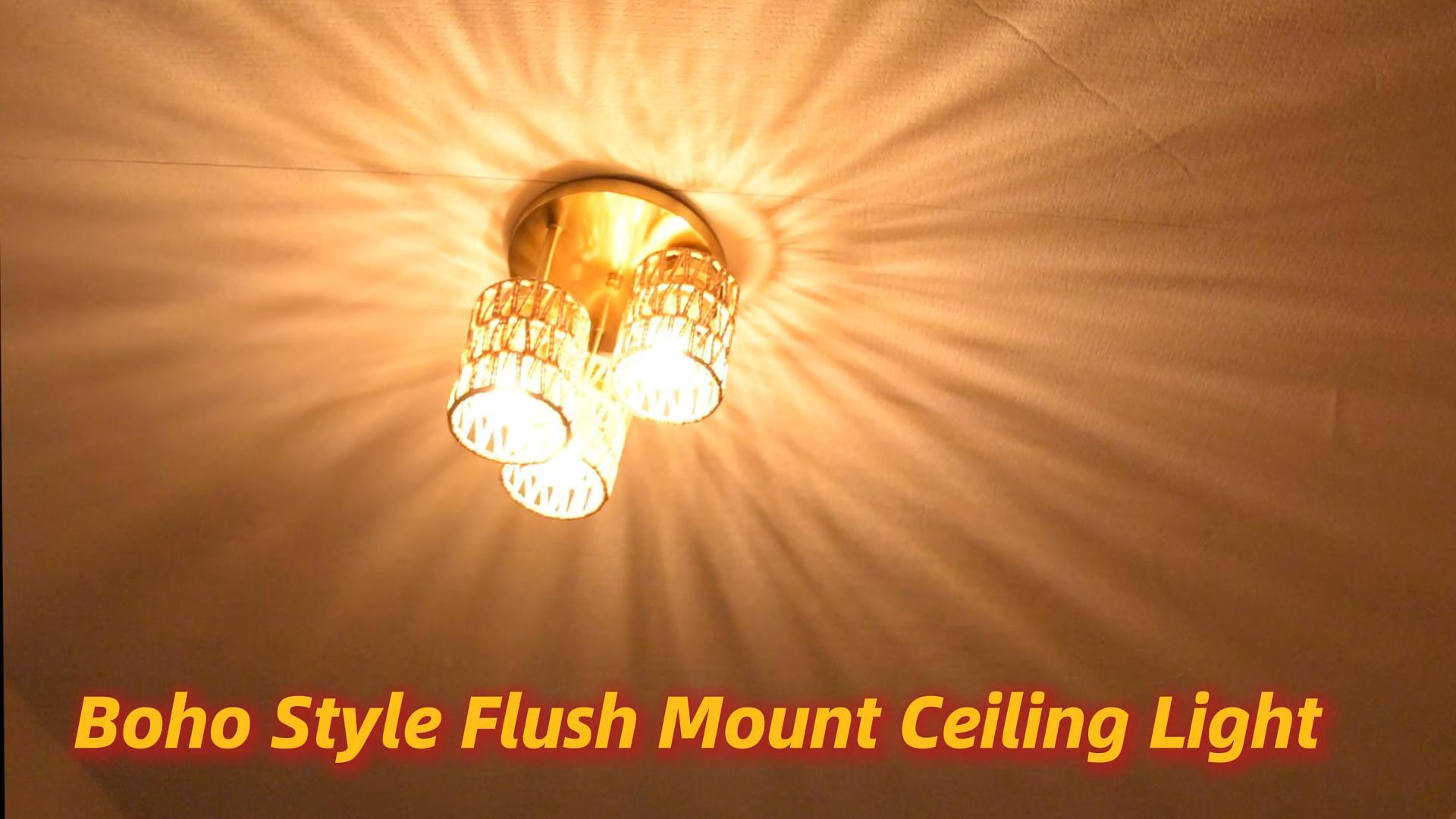 thumbnail video image 2 of Hlite Boho Flush Mount Ceiling Light with Hand Woven Rattan Shades,3-Light Rustic Ceiling Light for Hallway Kitchen Living Room,Bulb Not Included,1 Set, 2 of 10