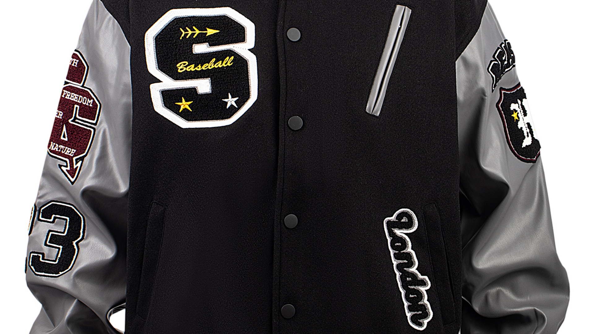 thumbnail video image 2 of RAOENJADO Mens Letterman Bomber Jacket Varsity Baseball Coat Vintage Streetwear with PU Sleeves, 2 of 9