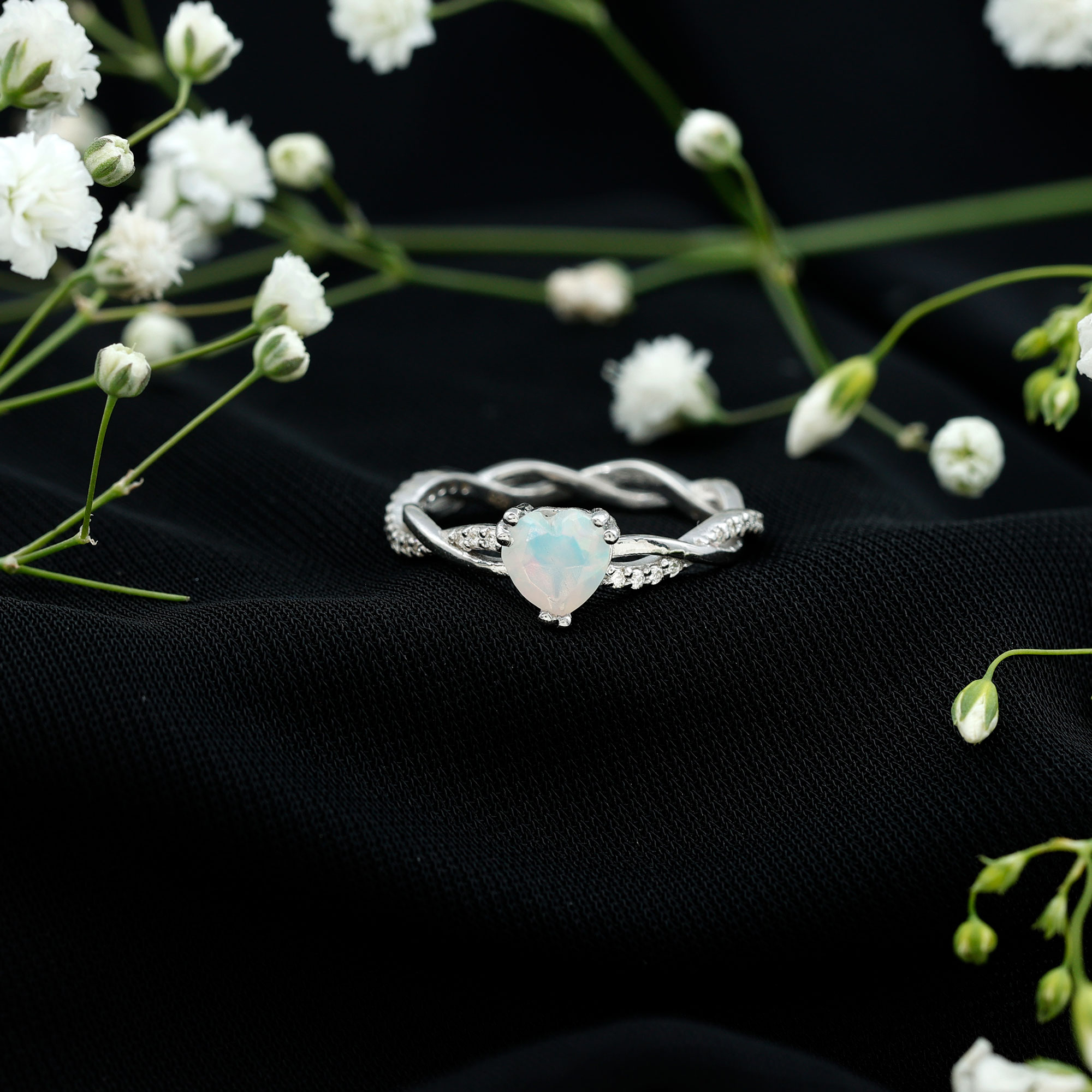 thumbnail video image 2 of Rosec Jewels Real Ethiopian Opal Heart Promise Ring with Diamond - Braided Ring (AAA Grade, 6 mm) - Ready to Gift for Valentines, 925 Sterling Silver, US 4.00, 2 of 10