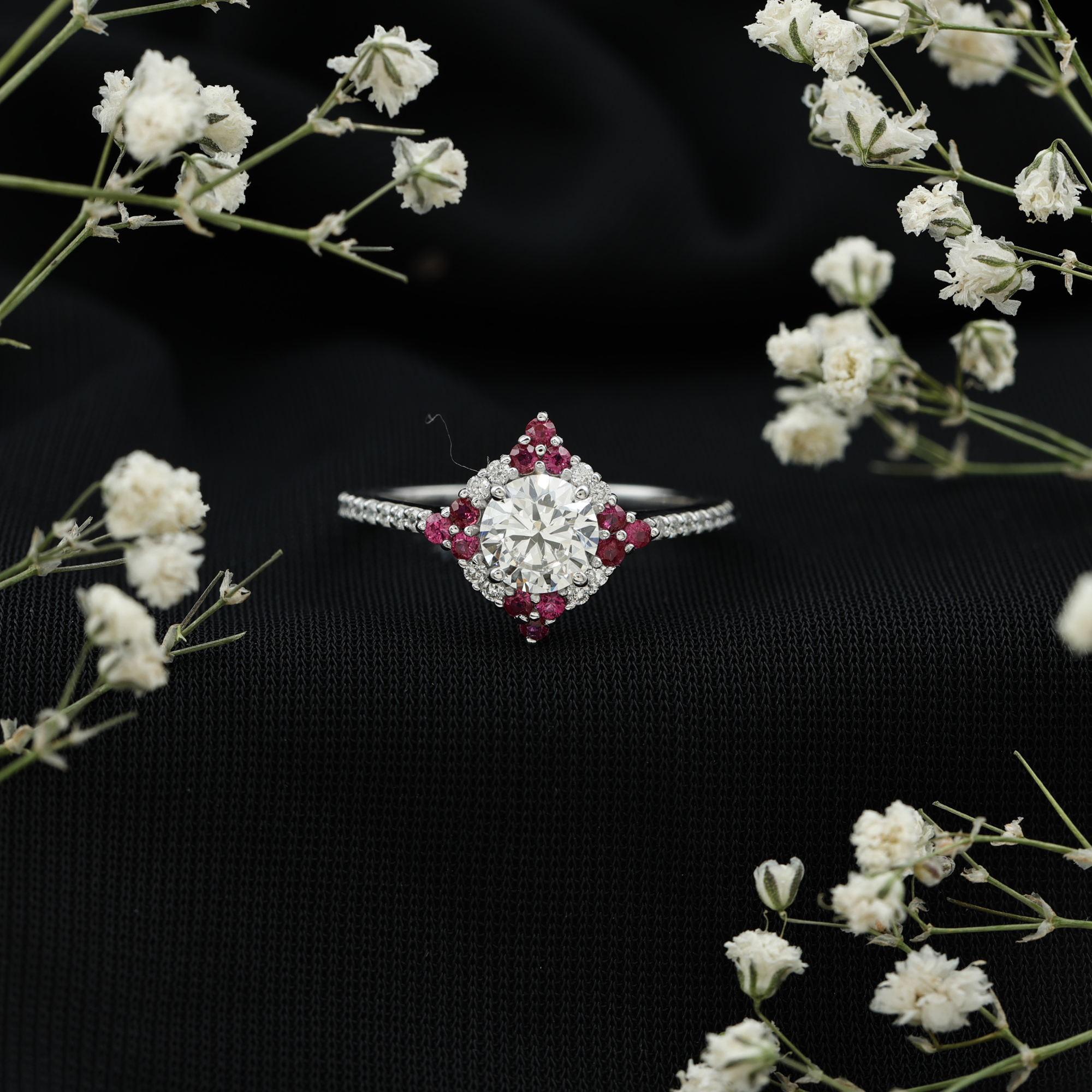 thumbnail video image 2 of Rosec Jewels Lab Grown Diamond Halo Engagement Ring with Real Ruby - Statement Ring - EF-VS Quality, 18K White Gold, US 5.50, 2 of 9