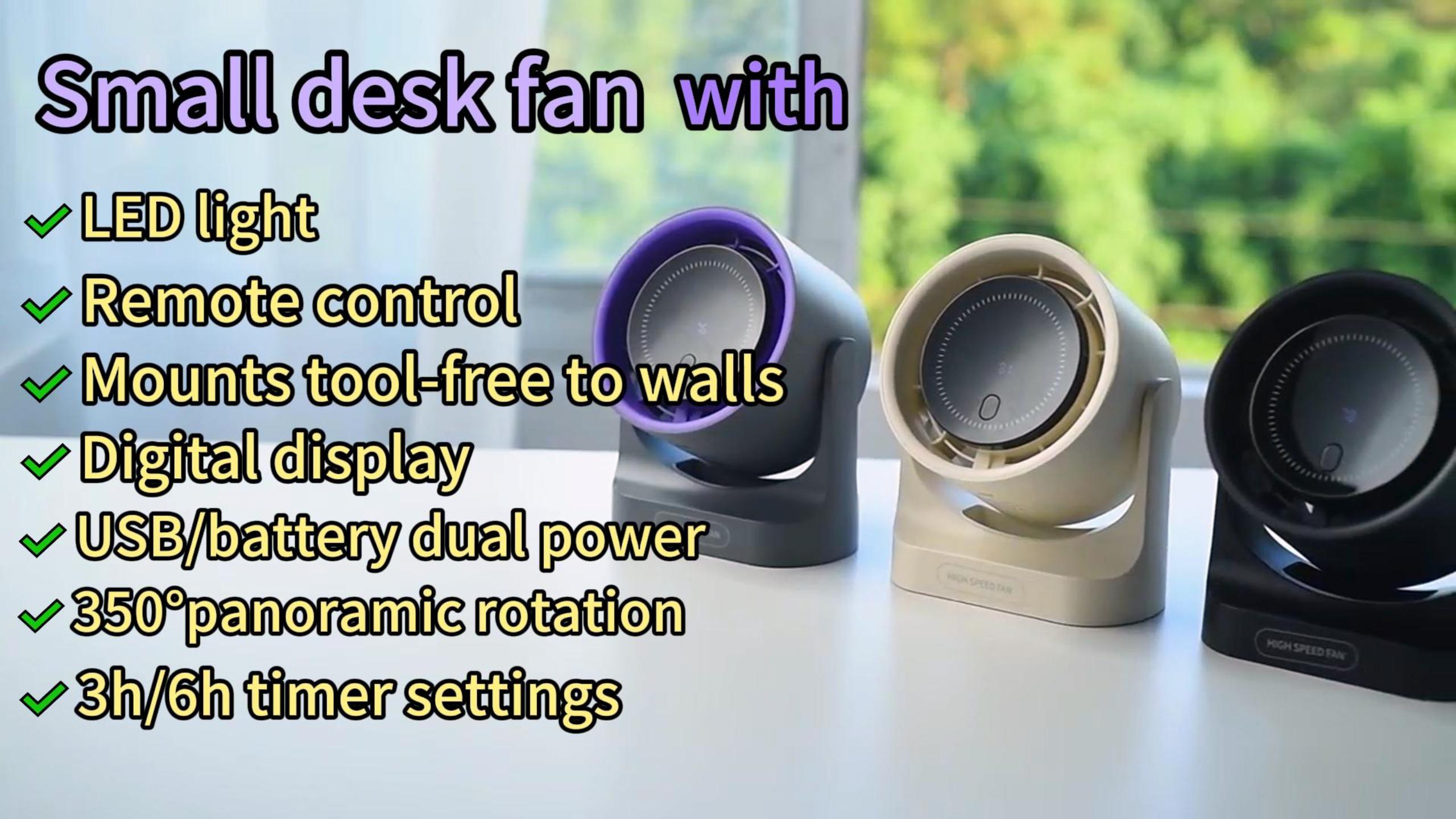 thumbnail video image 2 of 6.3-inch Dual Powered Desk Fan, LED Light, USB Rechargeable, 5 Speeds with Display, Remote Control, Wall Mount Available, 2 of 9