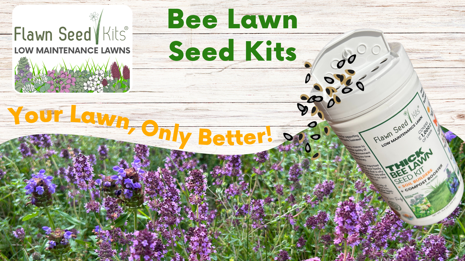 thumbnail video image 2 of Flawn Seed Kits Thick Bee Lawn Kit, 500 sq ft, Perennial Dutch White Clover, Self-Heal, Fescue Grass, Shaker, 2 of 10